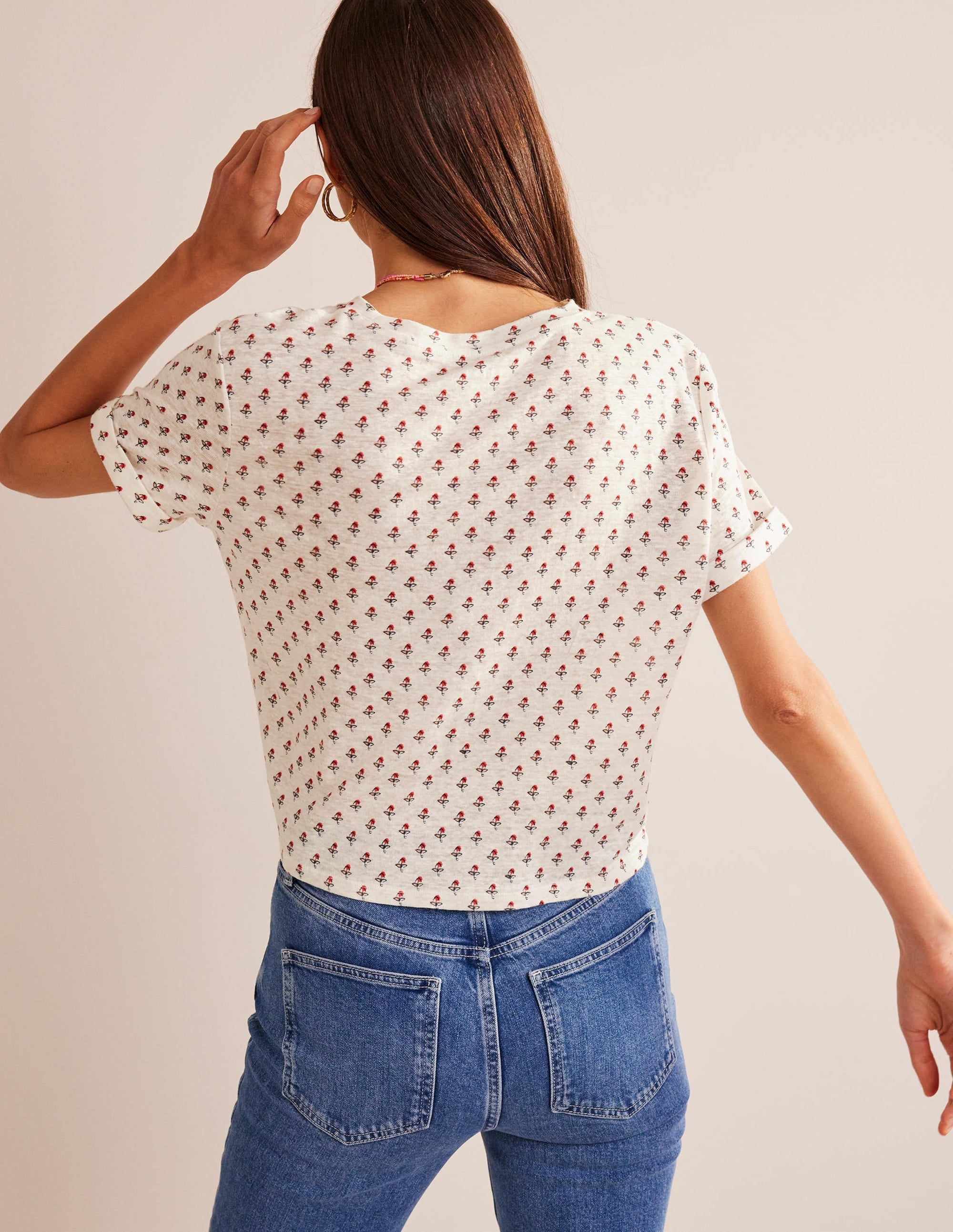 Gemustertes Leinen-T-Shirt-Naturweiß, Tulpenmuster - Image 3