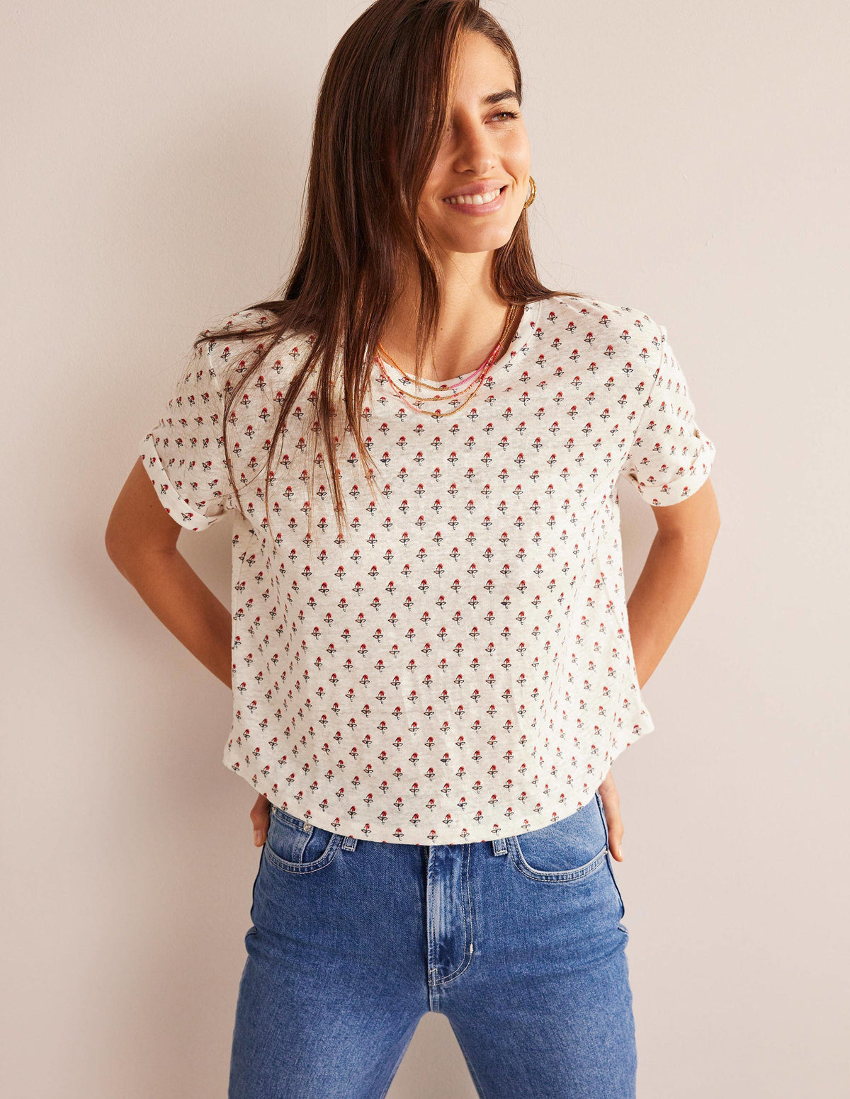 Gemustertes Leinen-T-Shirt-Naturweiß, Tulpenmuster-4
