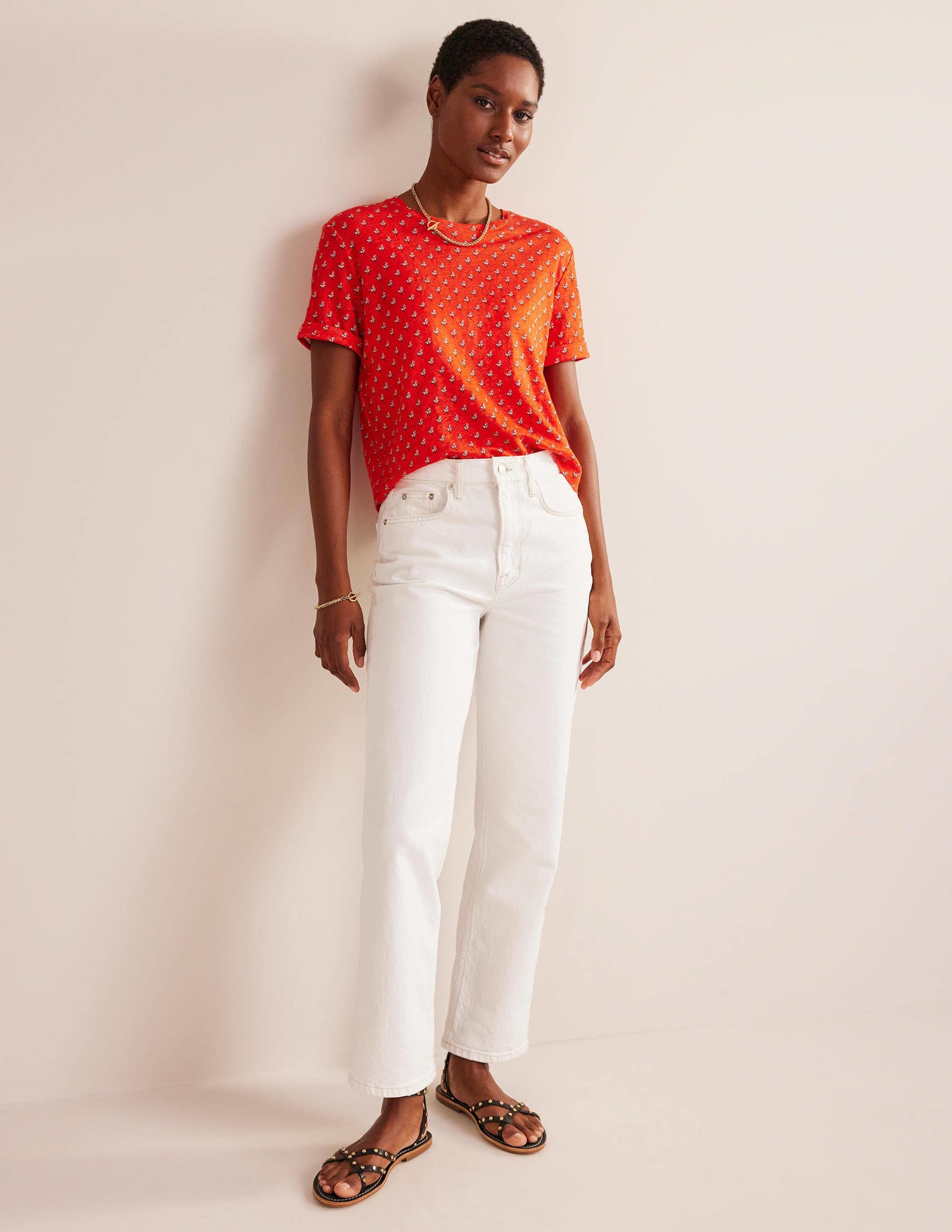Printed Linen T-shirt-Blood Orange, Tulip Blush - Image 4