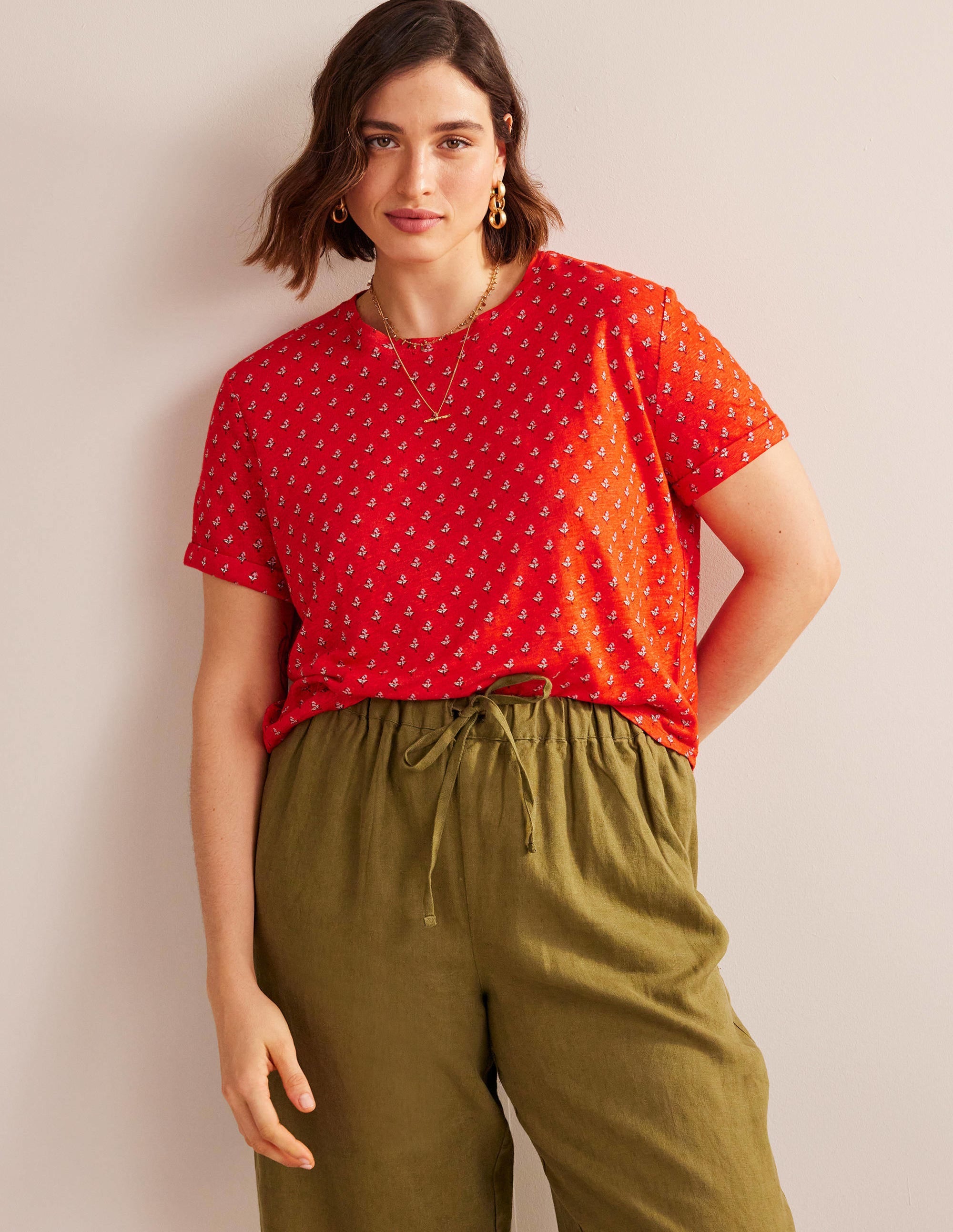 Printed Linen T-shirt-Blood Orange, Tulip Blush - Image 5