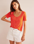Leinen-T-Shirt mit Rundhalsausschnitt-Blutorange