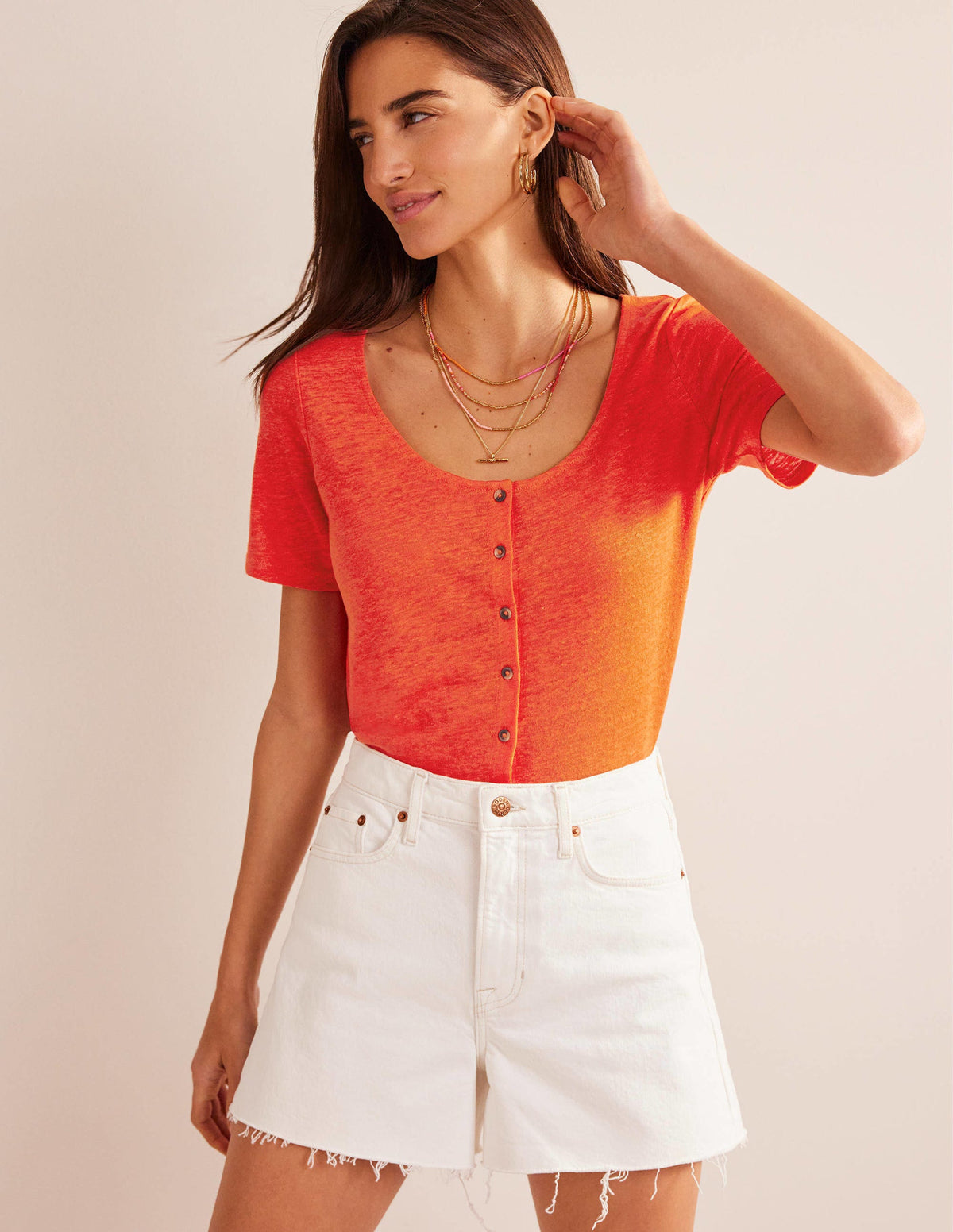 Leinen-T-Shirt mit Rundhalsausschnitt-Blutorange - Image 4