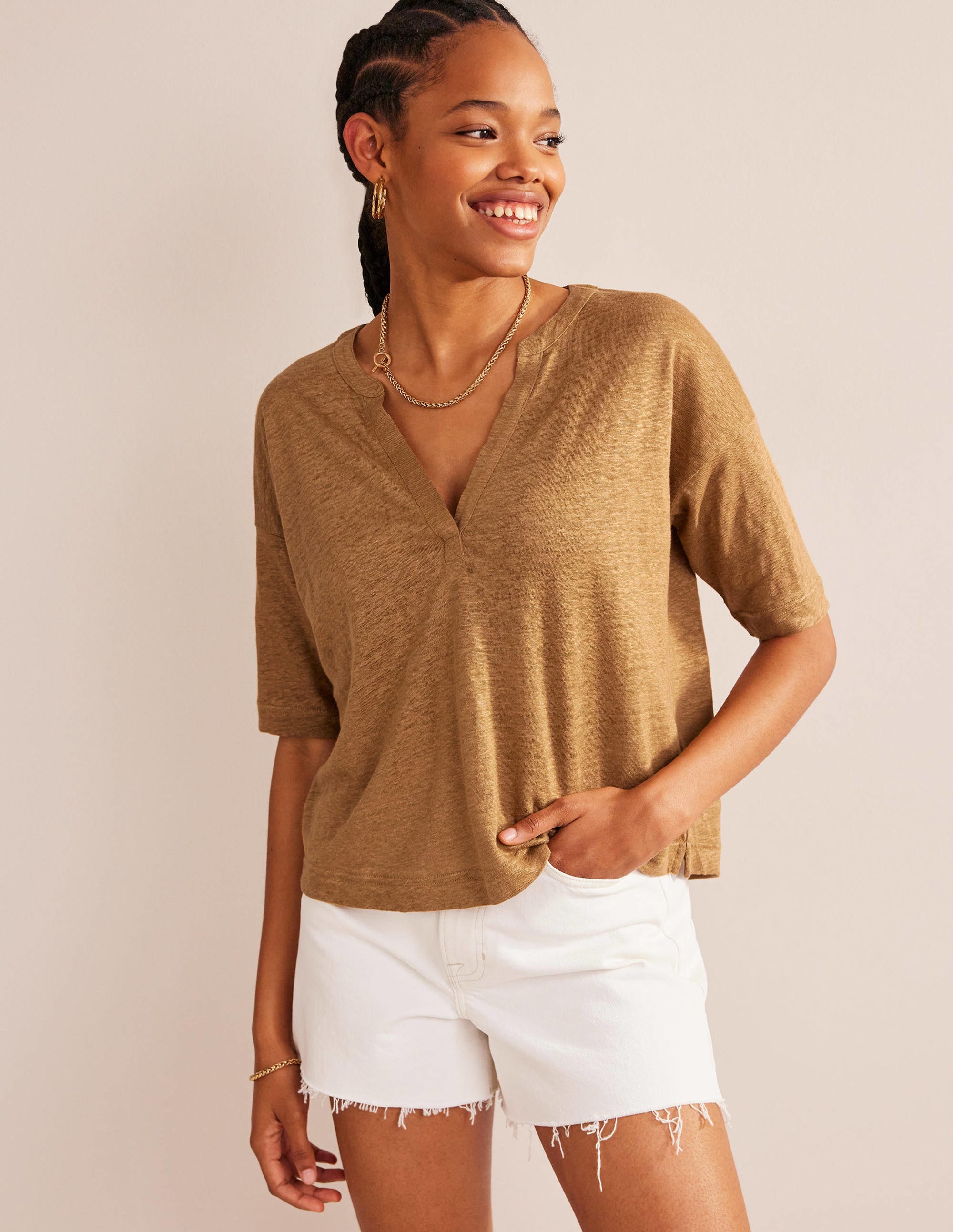 Notch Neck Linen Henley Top-Camel - Image 1