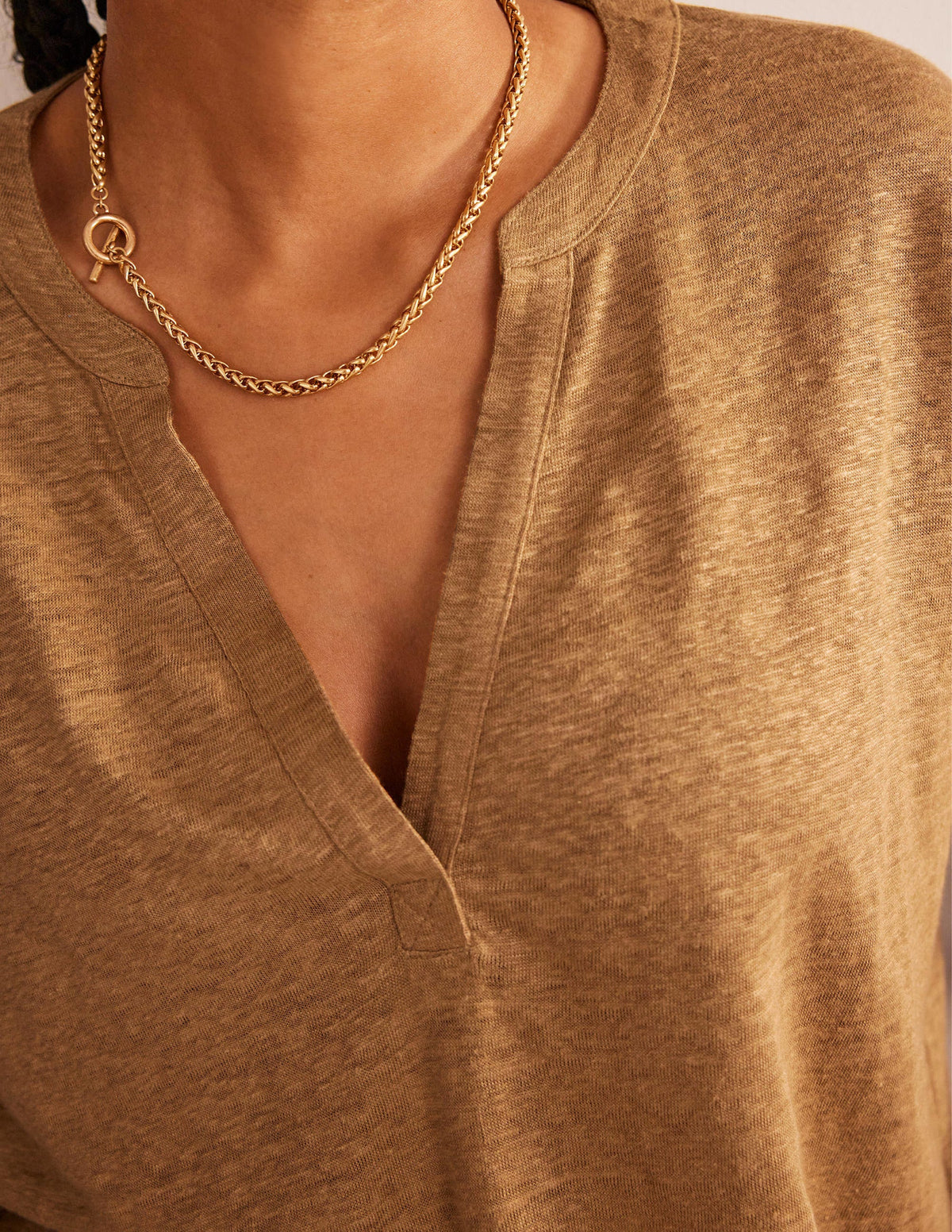 Notch Neck Linen Henley Top-Camel-2