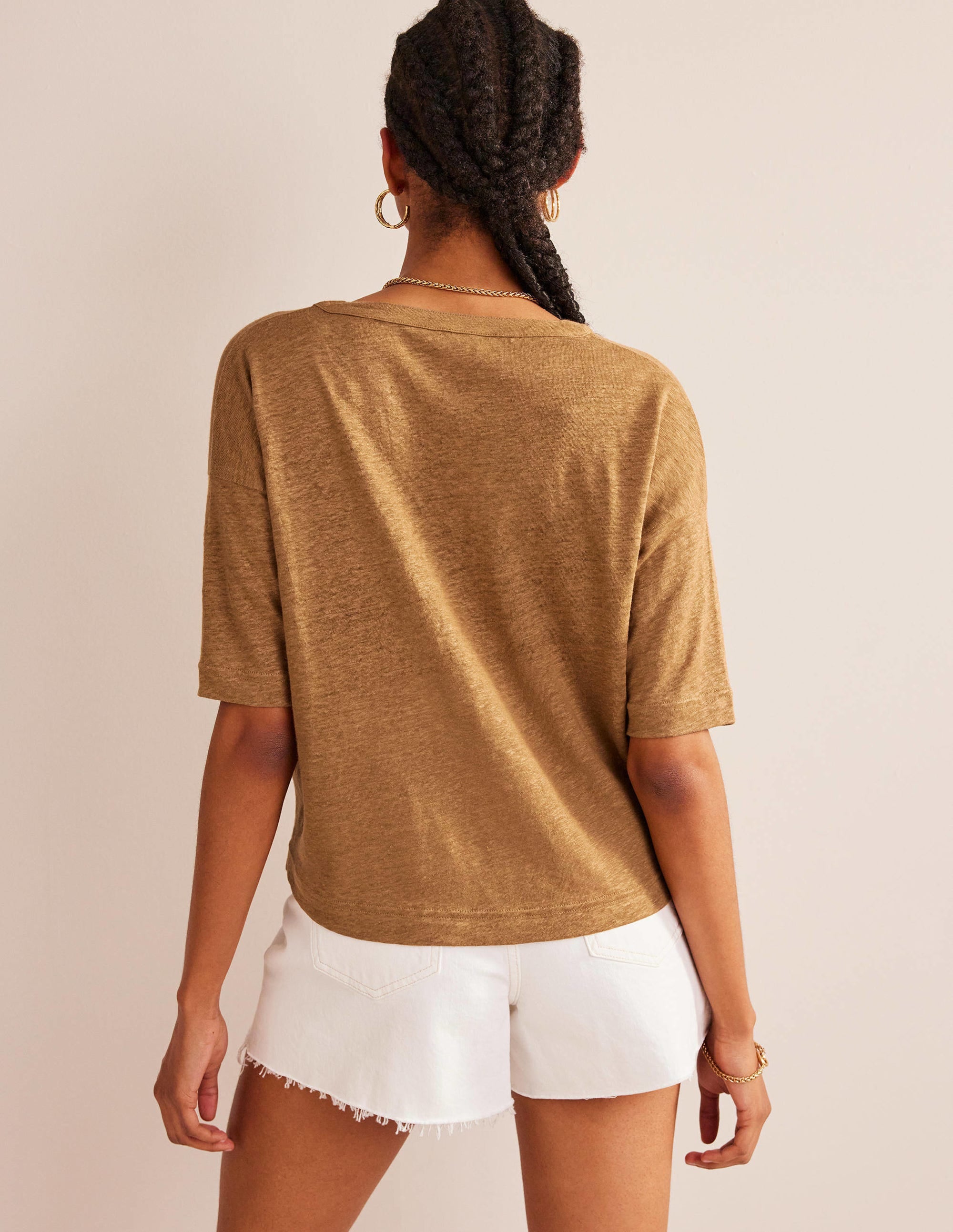 Notch Neck Linen Henley Top-Camel - Image 3