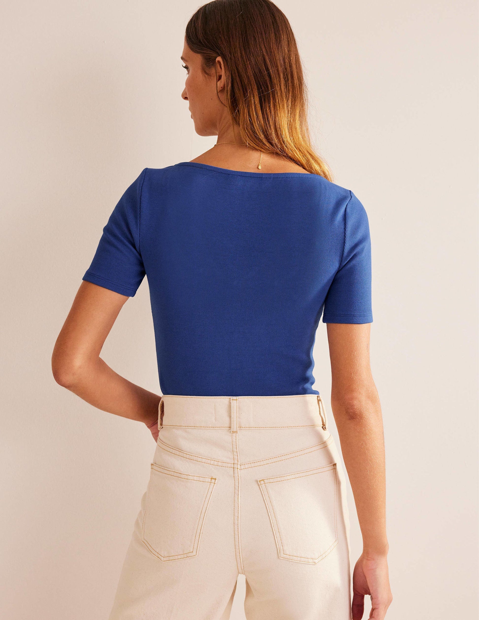 Rippstrick-T-Shirt mit geraffter Vorderseite-Saphirblau-3
