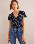 Tie Back Jersey Top-French Navy, Tranquil Leaf