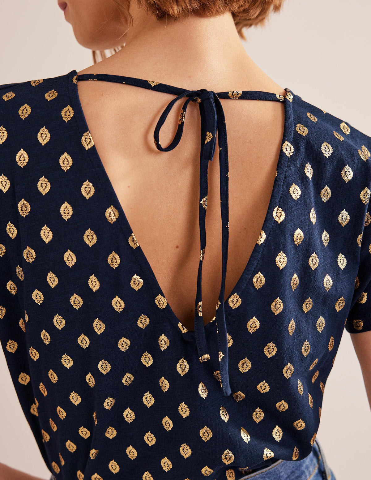 Tie Back Jersey Top-French Navy, Tranquil Leaf - Image 2