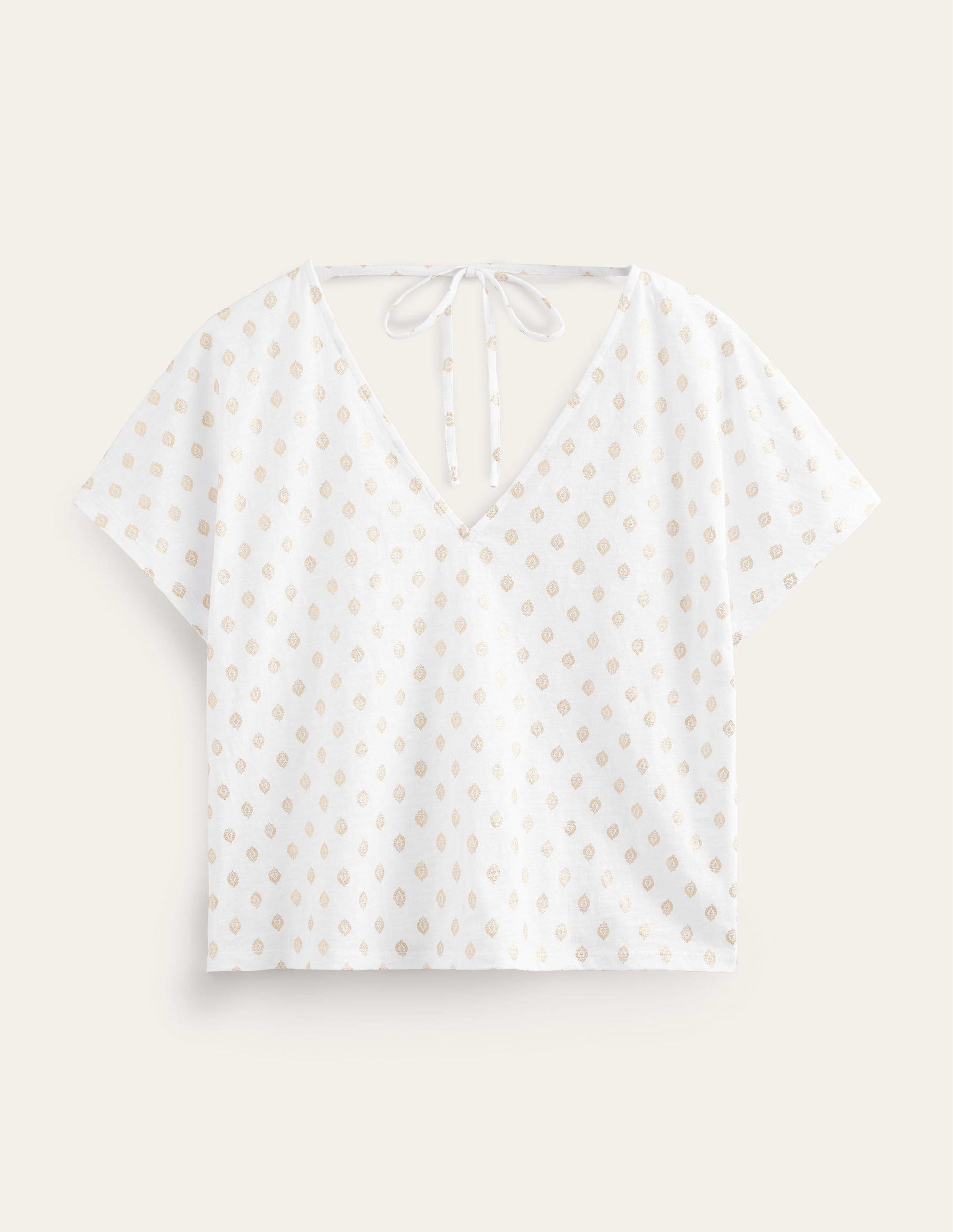 Top en jersey à encolure en V à l'avant et au dos-Blanc, motif Tranquil Leaf-5