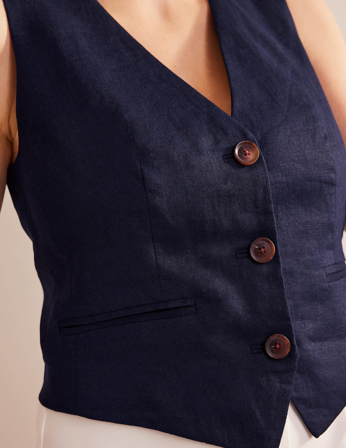 Gilet de costume col V en lin-Bleu marine - Image 2
