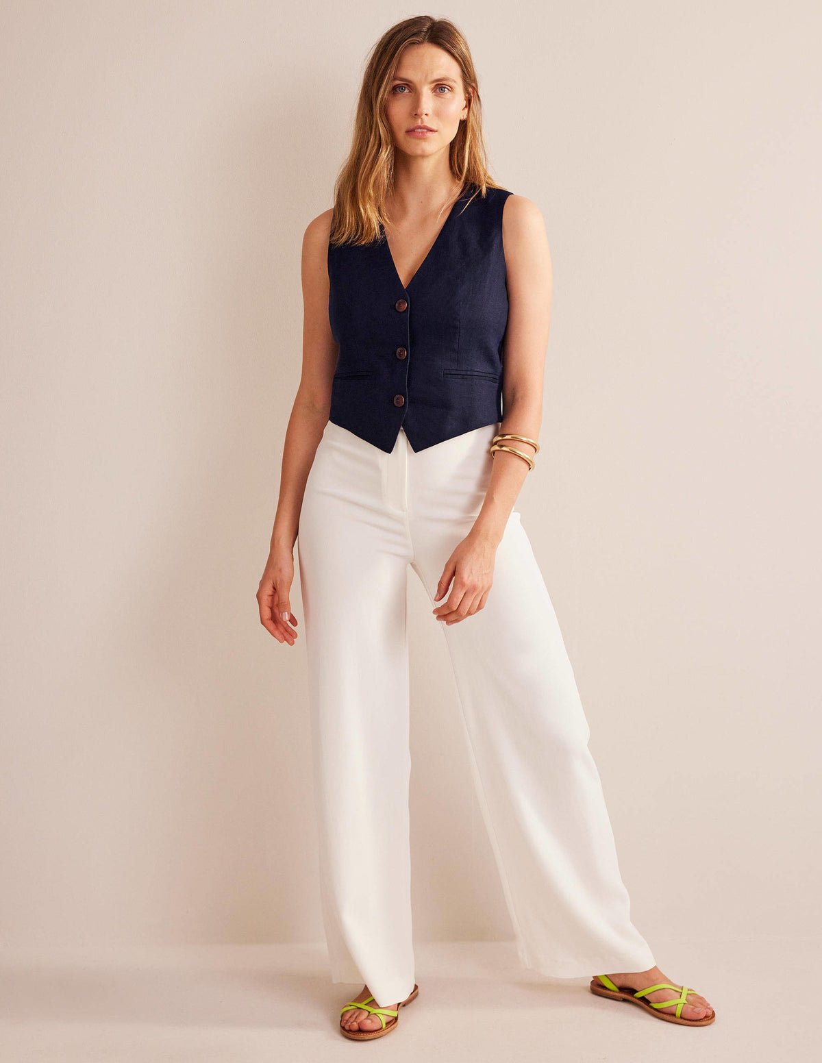Gilet de costume col V en lin-Bleu marine - Image 4