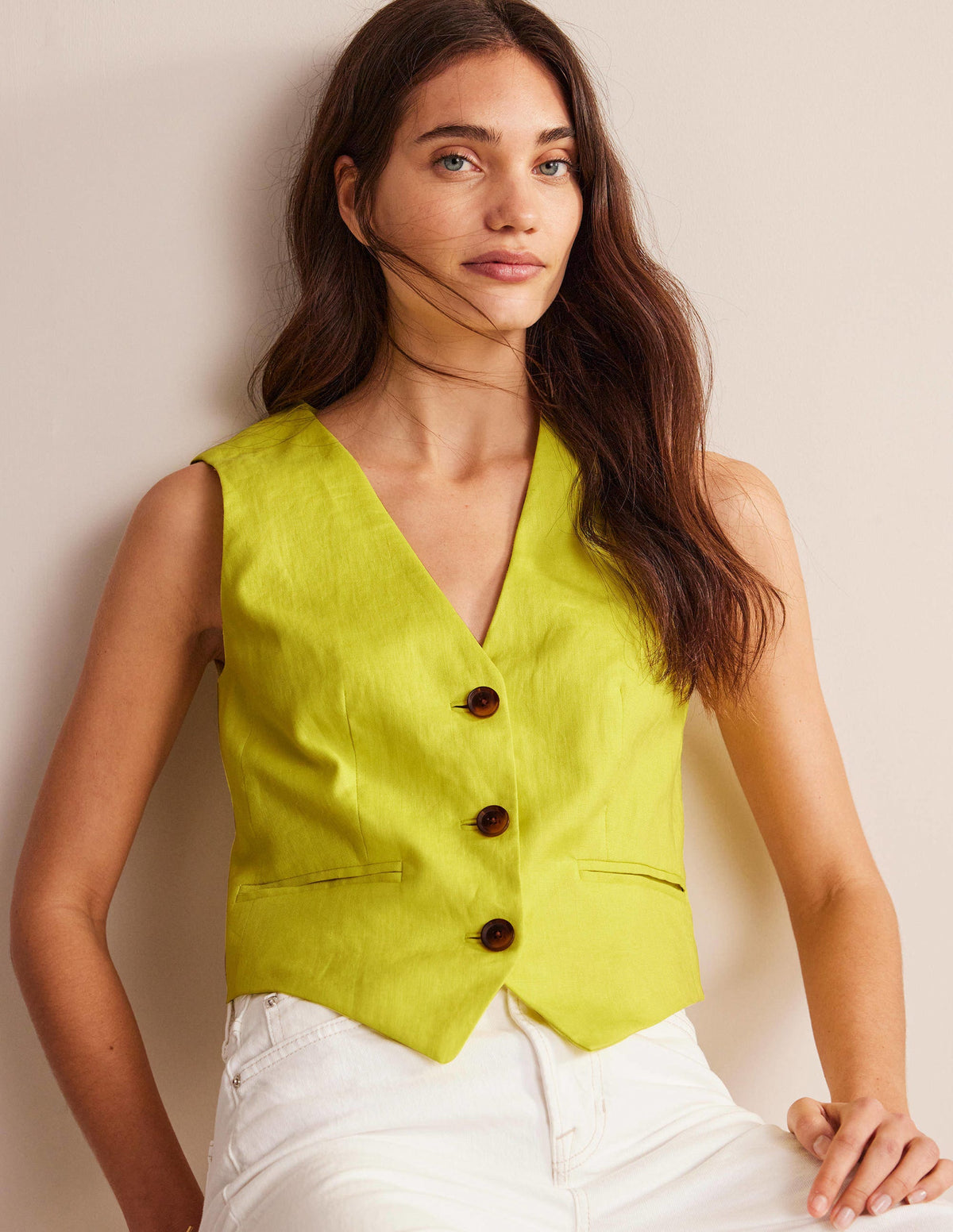 Gilet de costume col V en lin-Agrume - Image 4