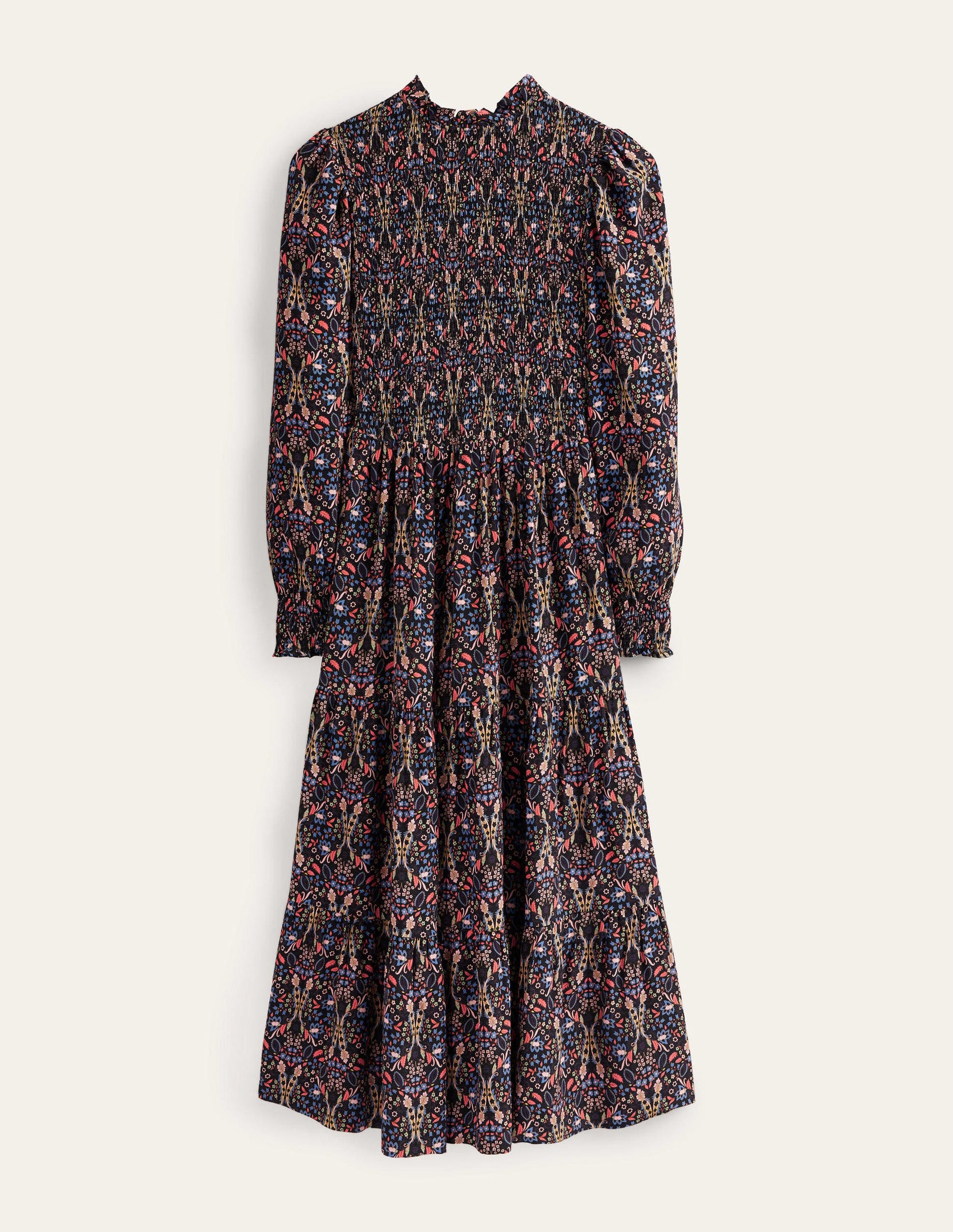 Gestuftes Midikleid mit Smokdetails-Schwarz, Exotische Blätter-5