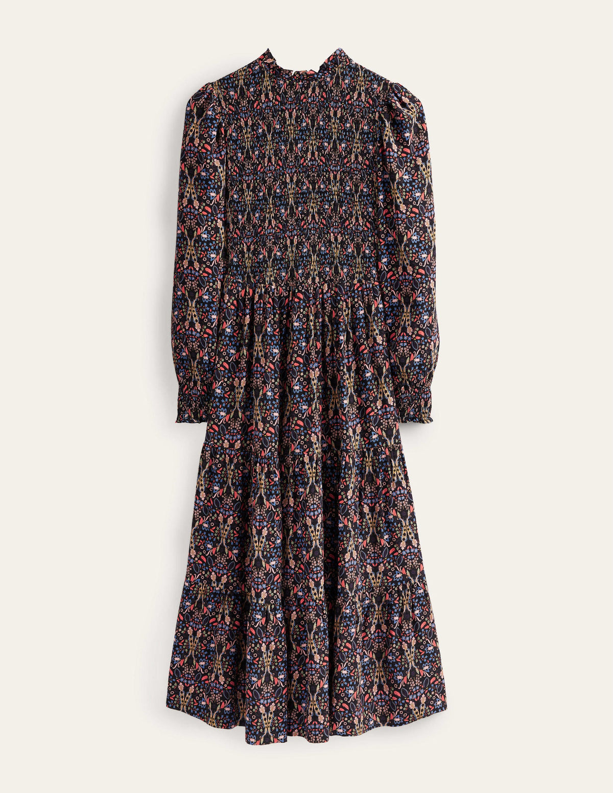 Gestuftes Midikleid mit Smokdetails-Schwarz, Exotische Blätter - Image 5