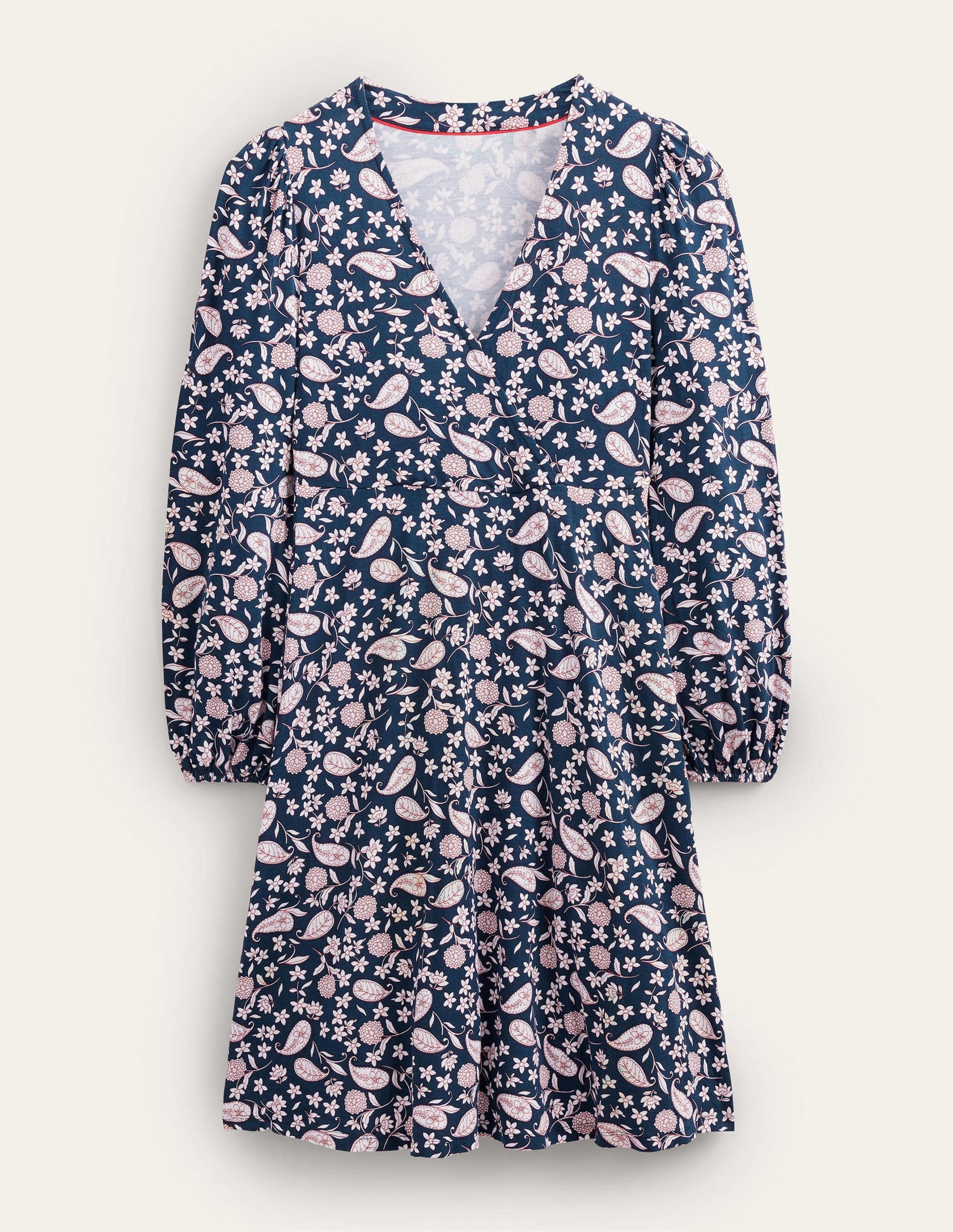 Robe à effet portefeuille fixe en jersey-Bleu marine foncé, motif Flower Garden-5