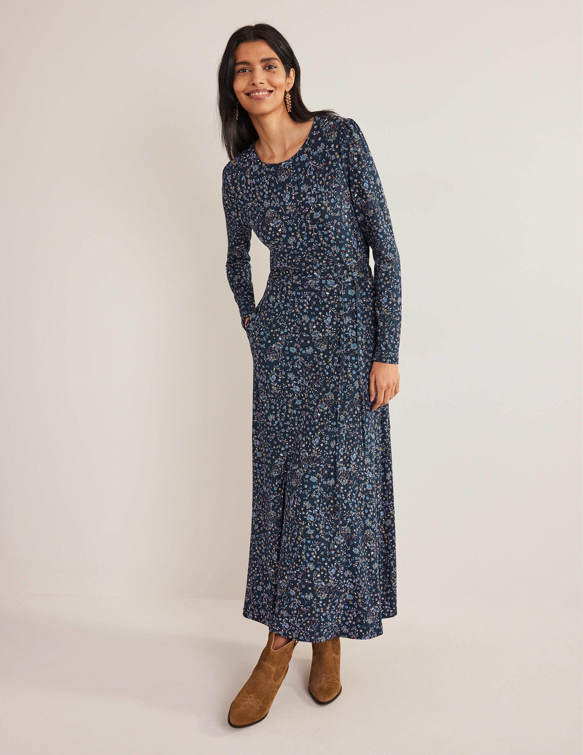 Robe midi en jersey avec jupe torsadée-Bleu marine, motif Wildflower Paisley-1