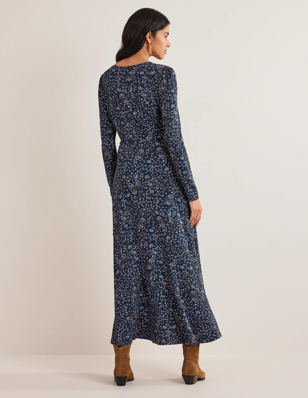 Robe midi en jersey avec jupe torsadée-Bleu marine, motif Wildflower Paisley-3