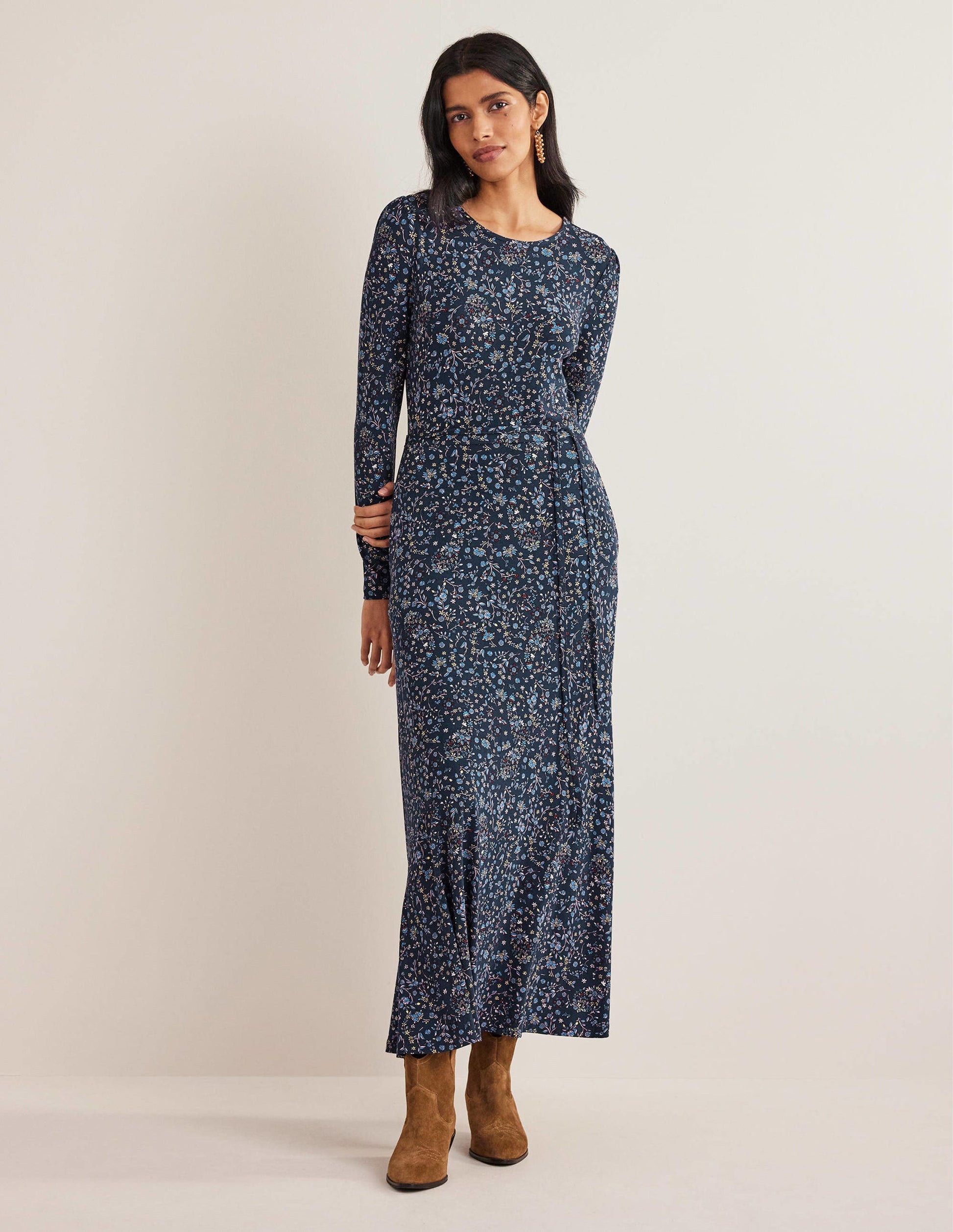 Robe midi en jersey avec jupe torsadée-Bleu marine, motif Wildflower Paisley-4