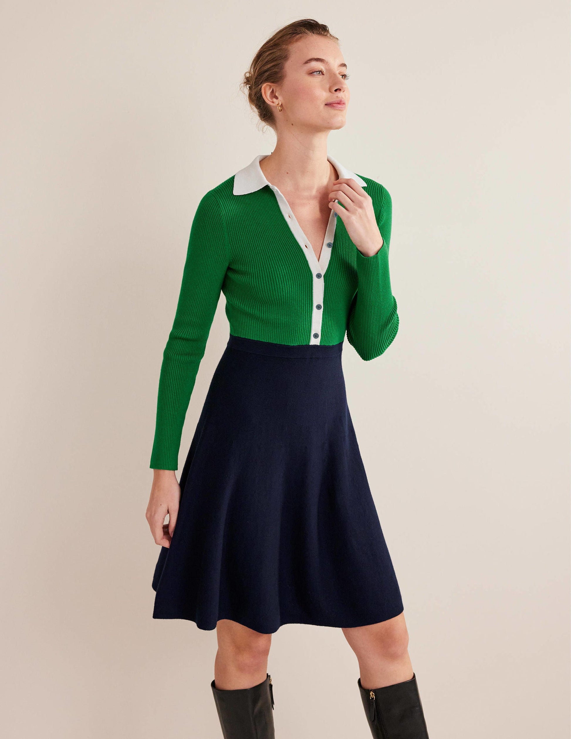 Mini-Strickkleid mit Rippdetails-Grün/Navy, Blockfarben-1