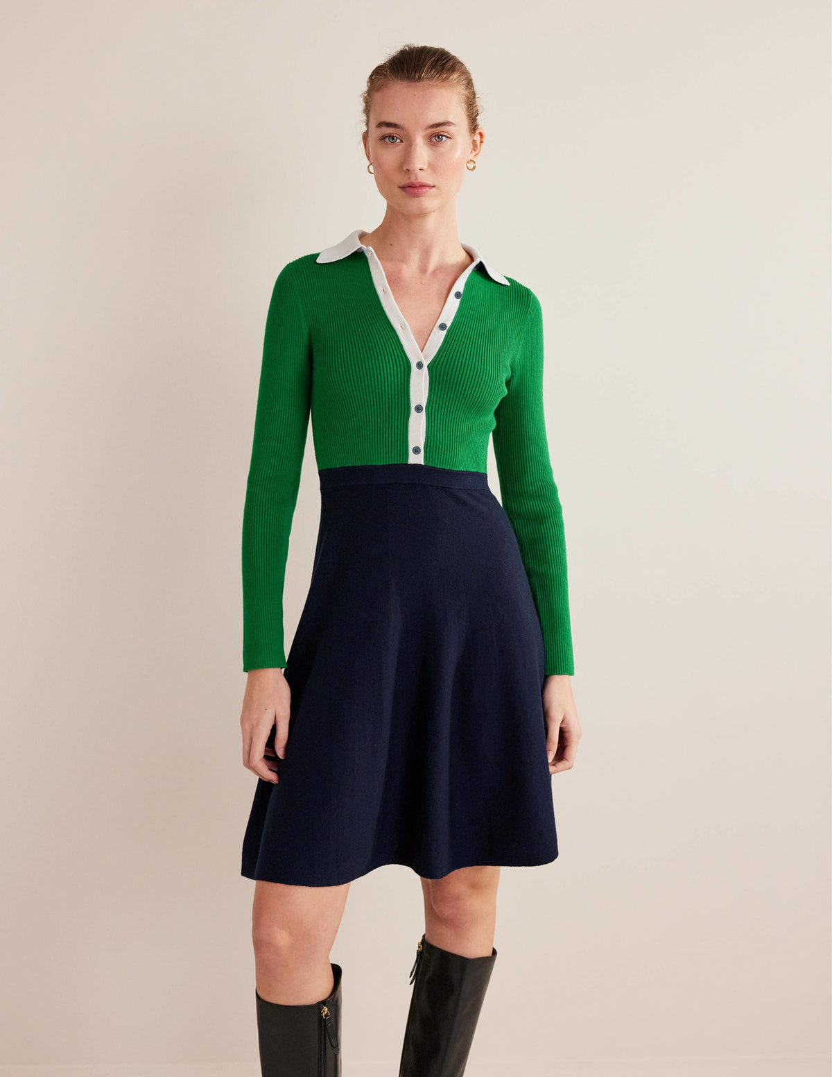 Mini-Strickkleid mit Rippdetails-Grün/Navy, Blockfarben - Image 5