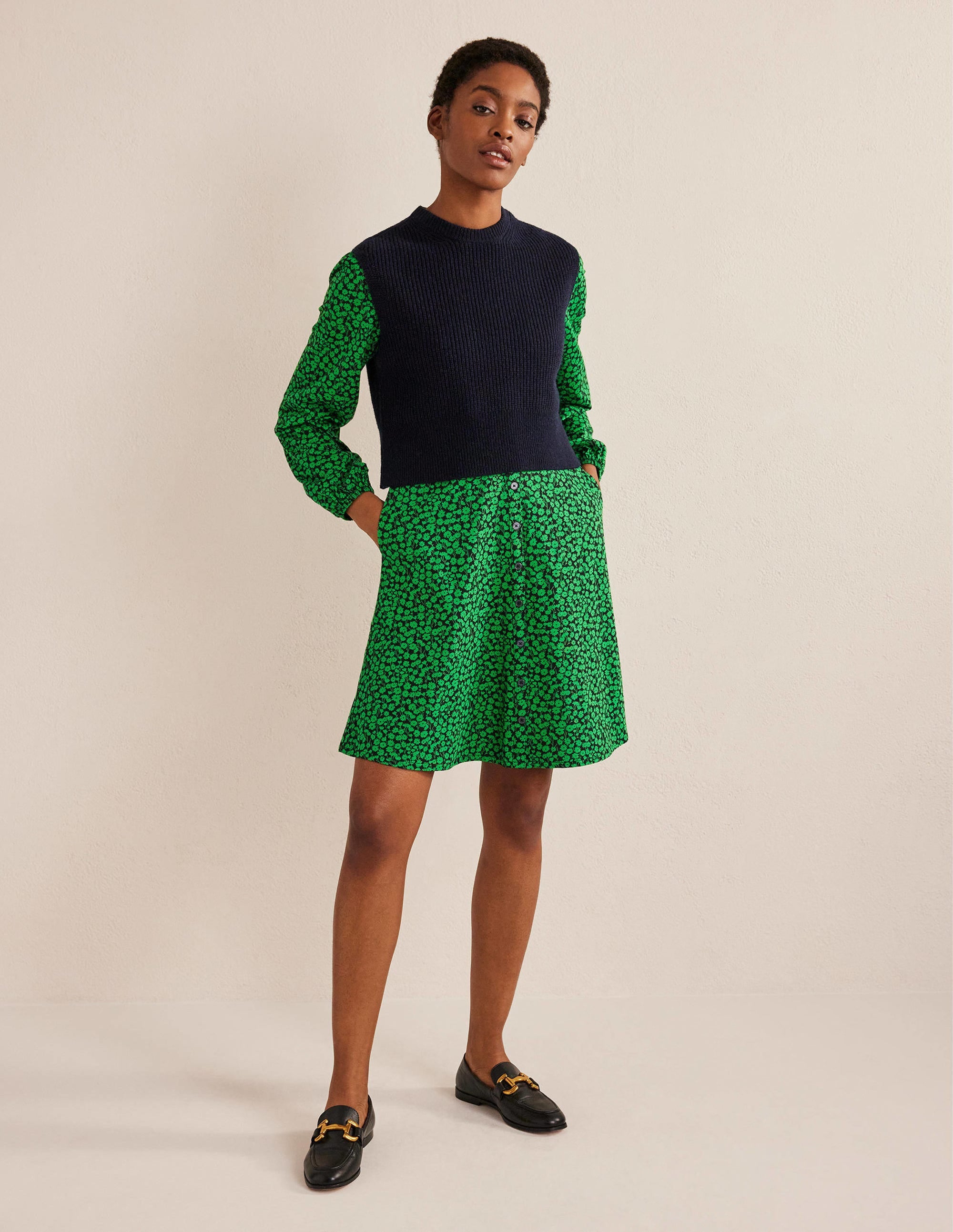 Button Front Jersey Mini Dress-Green Bee, Tulip Sprig - Image 5