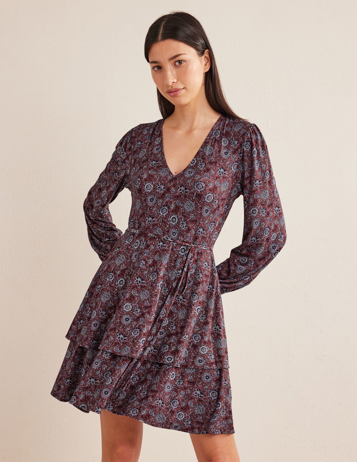 Tiered Mini Jersey Dress-Spiced Apple, Floral Tapestry - Image 1