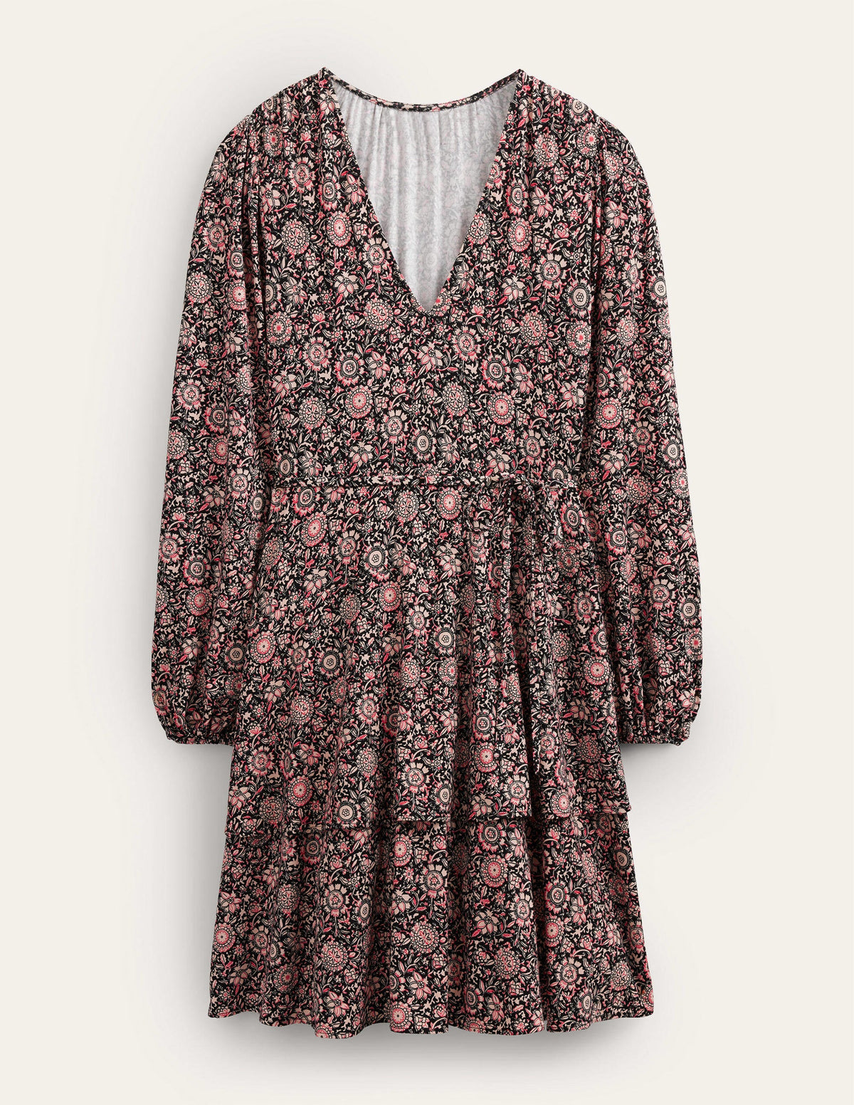 Gestuftes Jersey-Minikleid-Popcornbeige, Florales Gobelinmuster - Image 6