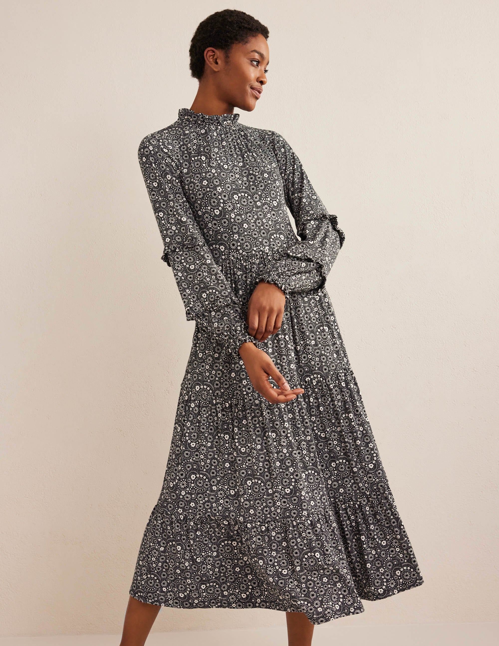 Robe midi en jersey avec insert volanté-Noir, motif Dotty Daisy - Image 1