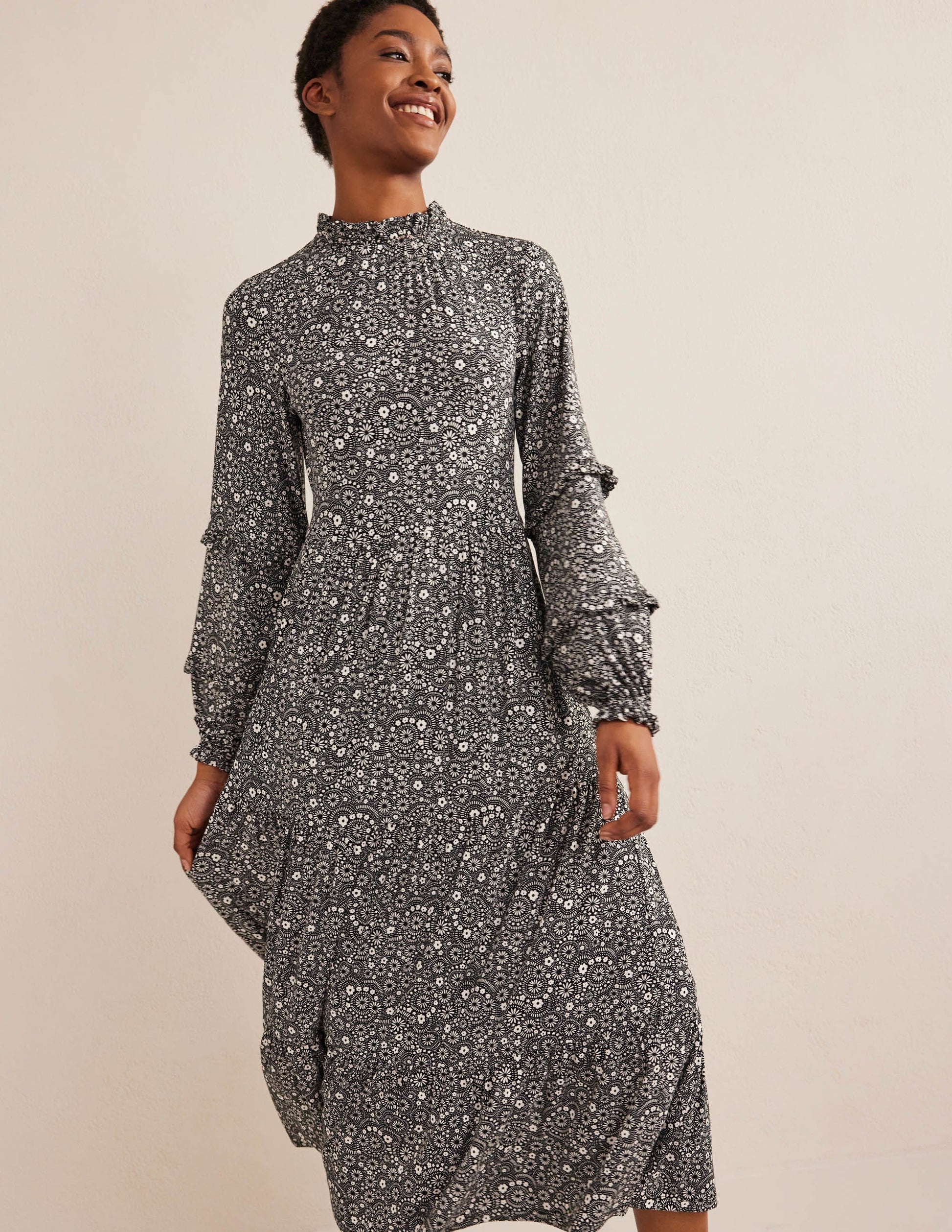 Robe midi en jersey avec insert volanté-Noir, motif Dotty Daisy-4