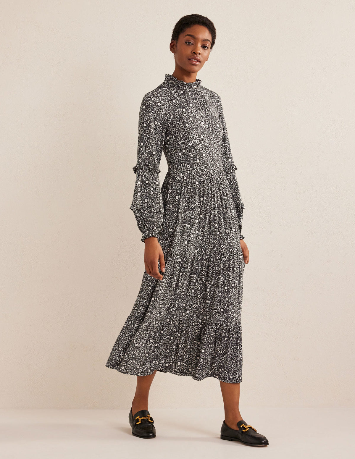 Robe midi en jersey avec insert volanté-Noir, motif Dotty Daisy-5
