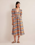 Smocked Linen Midi Dress-Multi, Tapestry Stripe