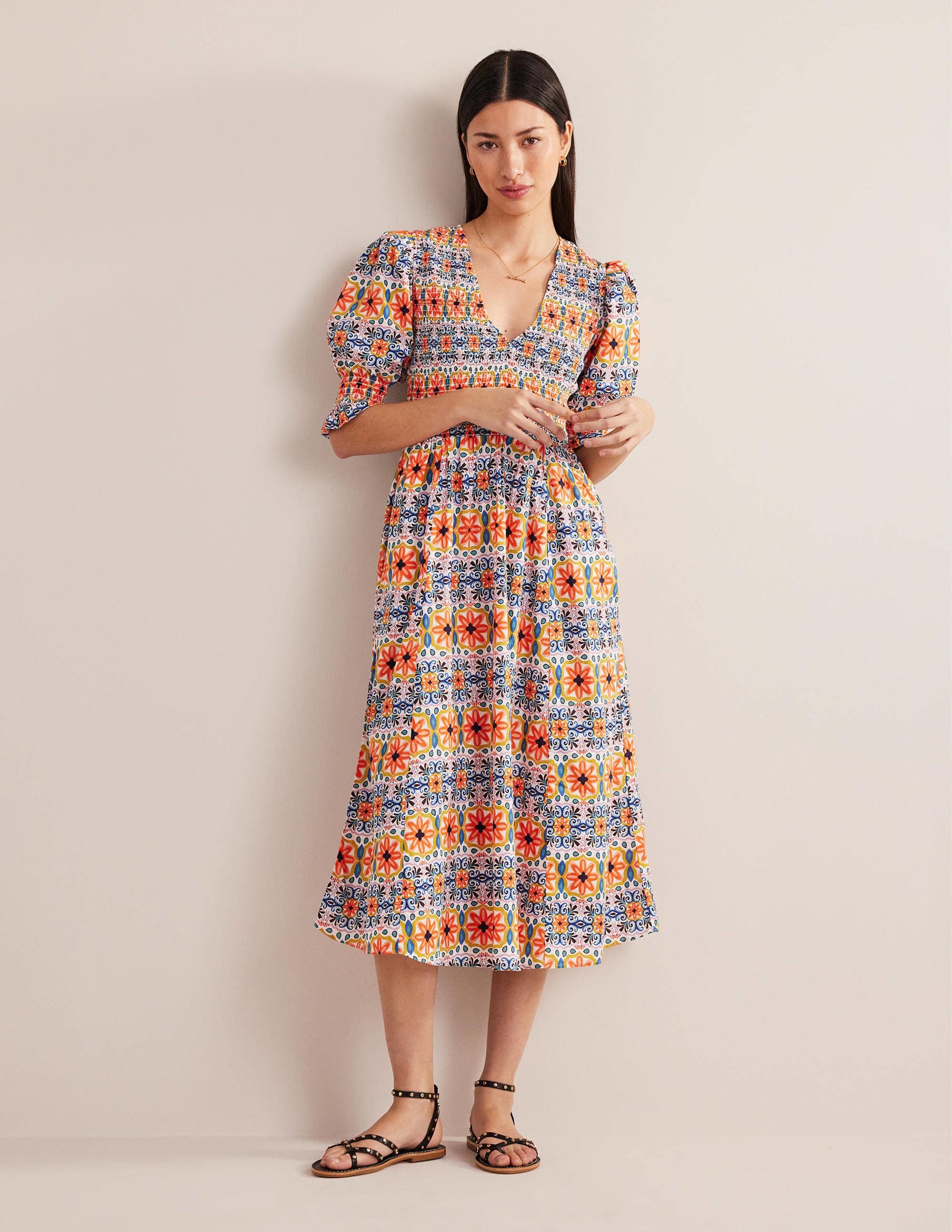 Smocked Linen Midi Dress-Multi, Tapestry Stripe-4