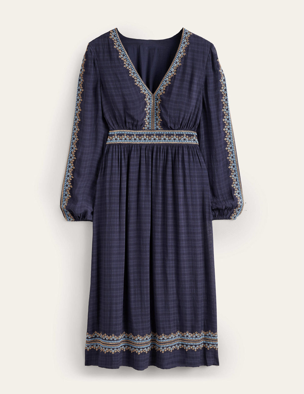 Besticktes Midikleid mit V-Ausschnitt-Marineblau - Image 5