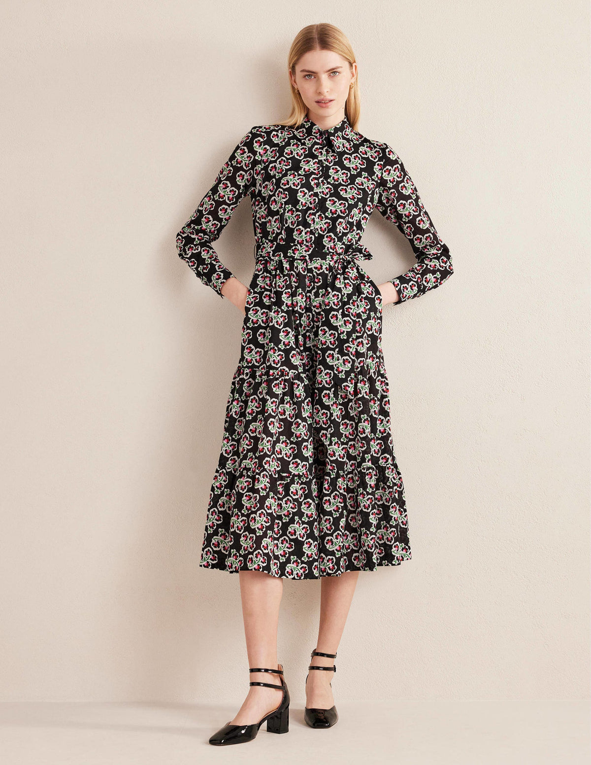Flo Midi-Hemdblusenkleid aus Baumwolle-Schwarz, Blüten - Image 1
