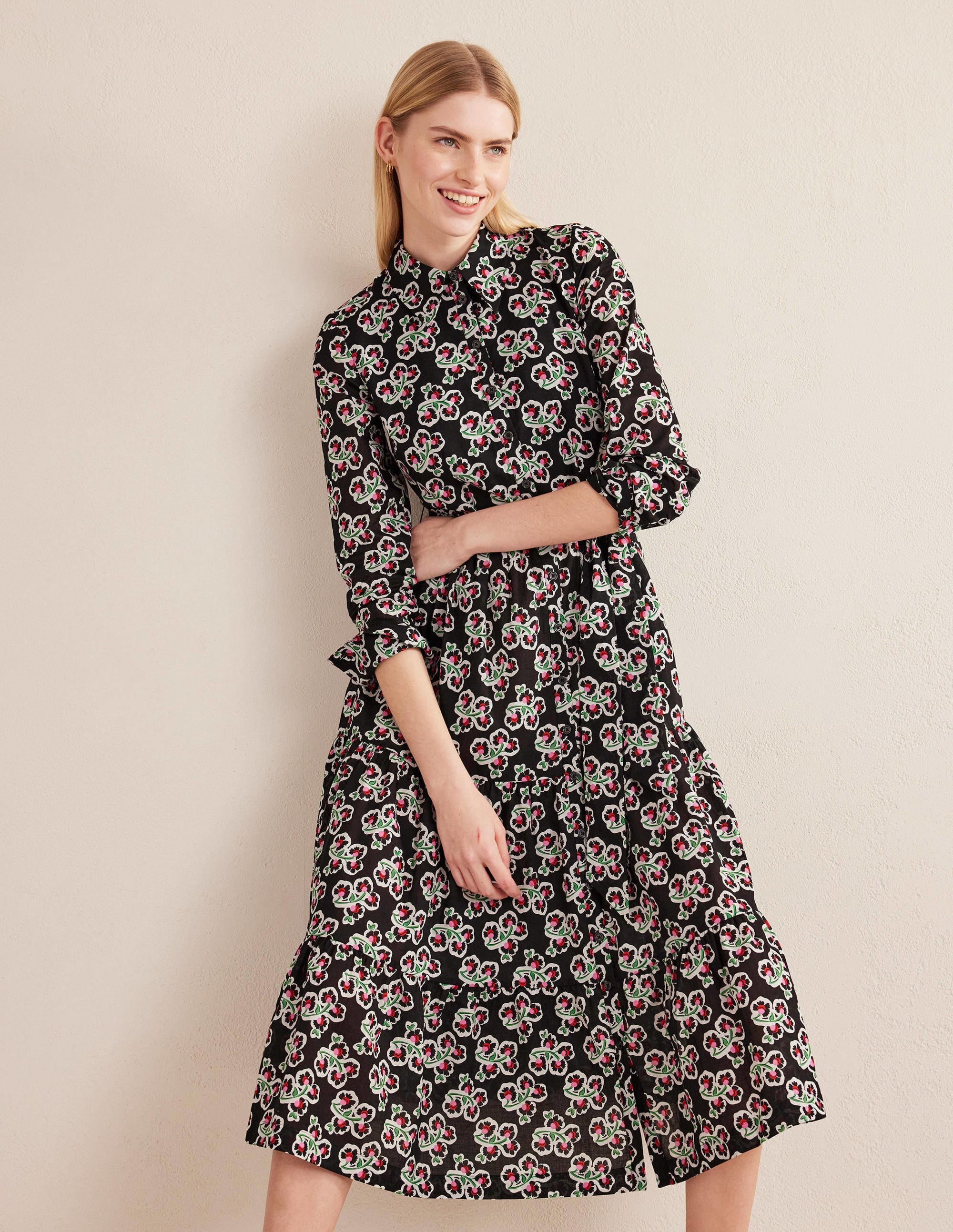 Flo Midi-Hemdblusenkleid aus Baumwolle-Schwarz, Blüten - Image 4