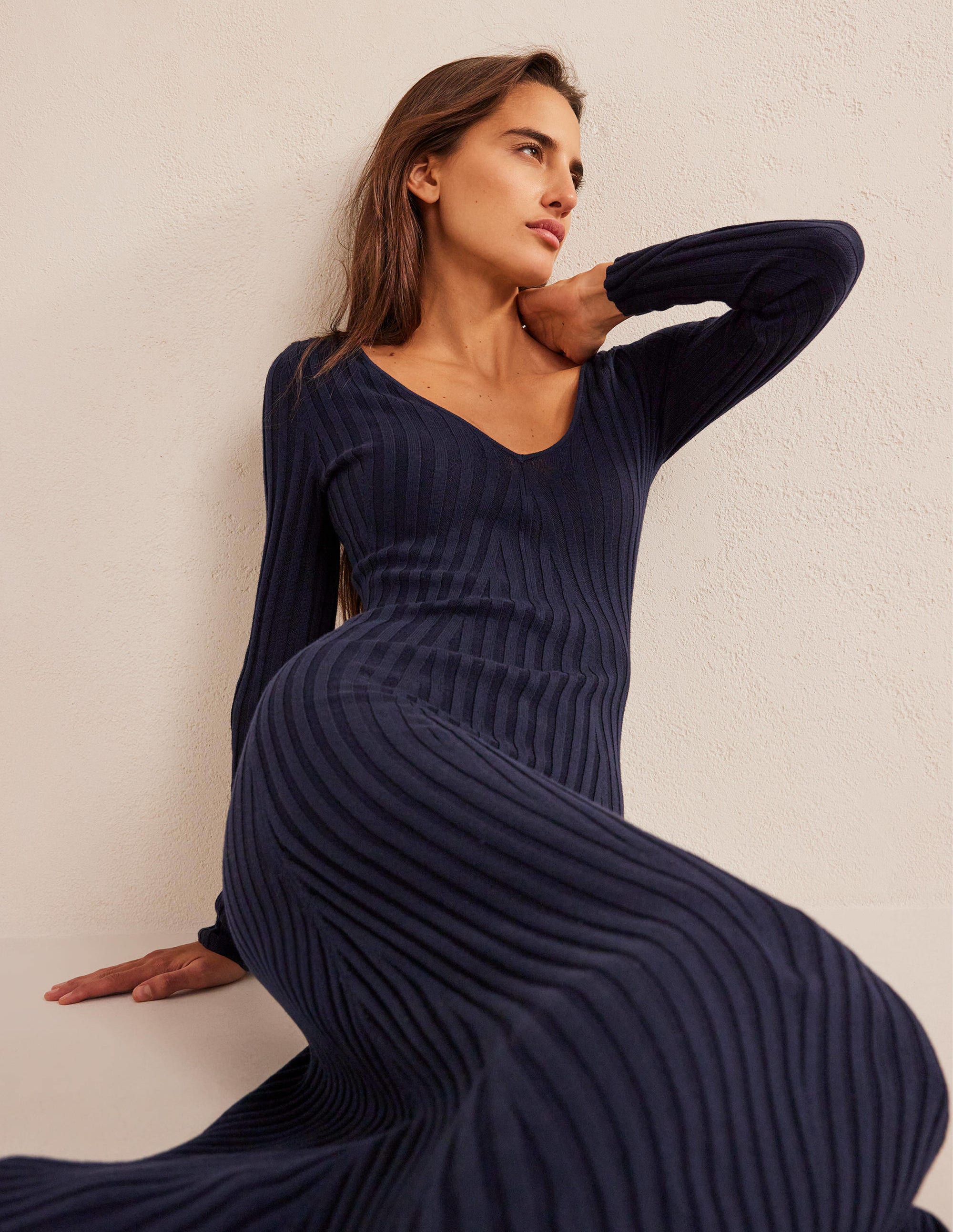 Ribbed Knitted Maxi Dress-Navy - Image 1