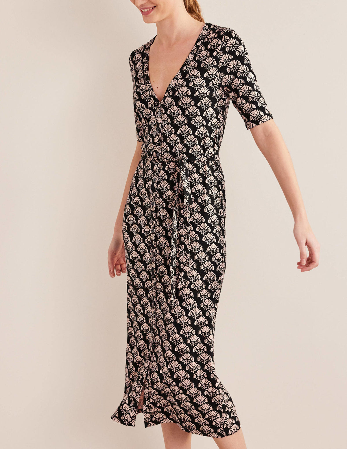 Midikleid aus Jersey mit Knopfleiste-Schwarz, Blumenstempel - Image 2