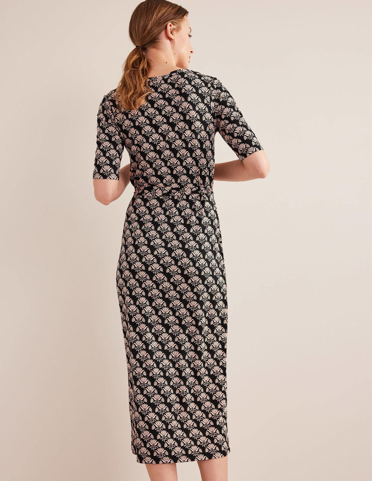 Midikleid aus Jersey mit Knopfleiste-Schwarz, Blumenstempel - Image 3