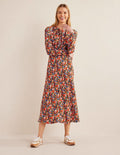 Robe midi style 40s à col rond-Multi, motif Peony Pop