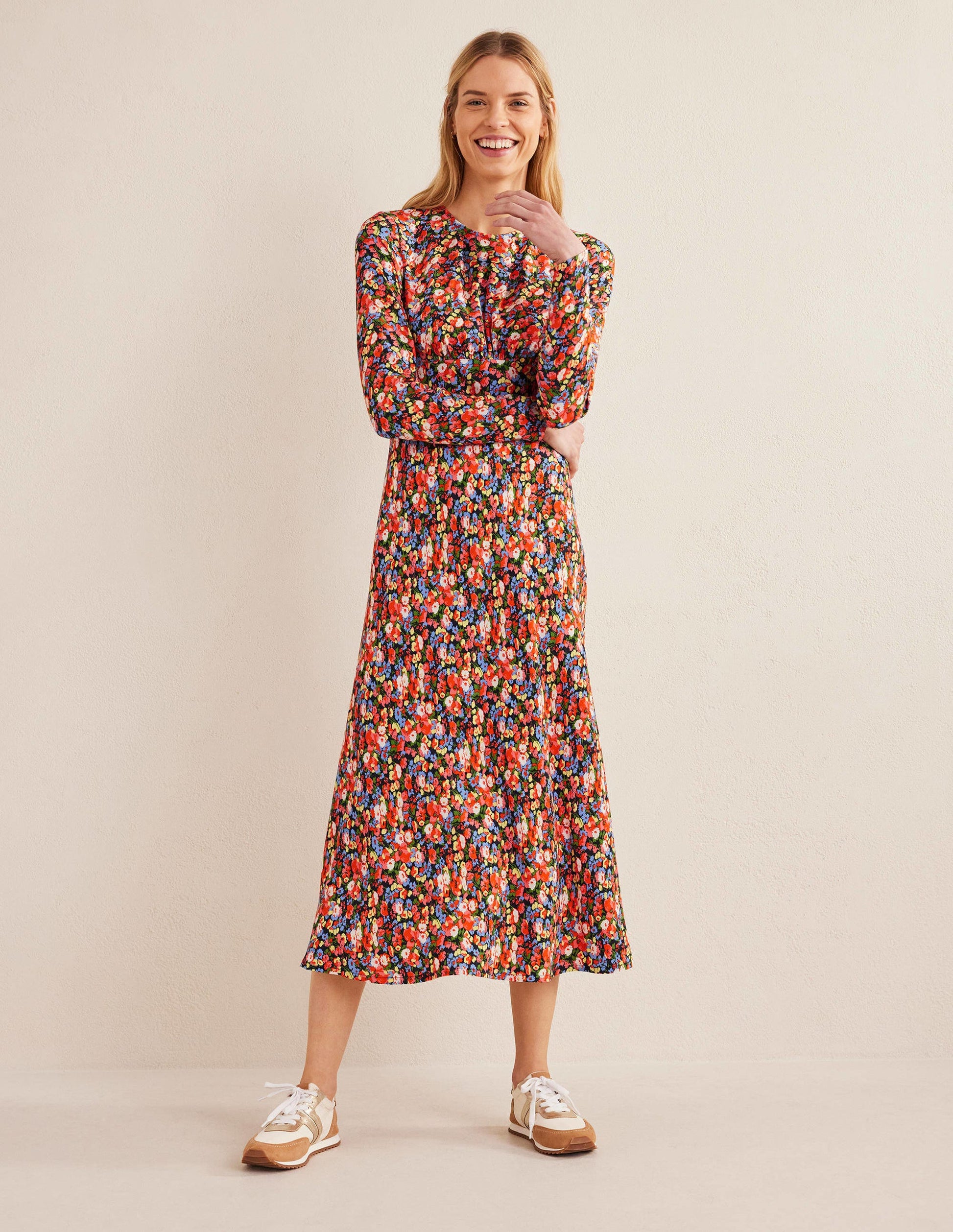 Robe midi style 40s à col rond-Multi, motif Peony Pop-1