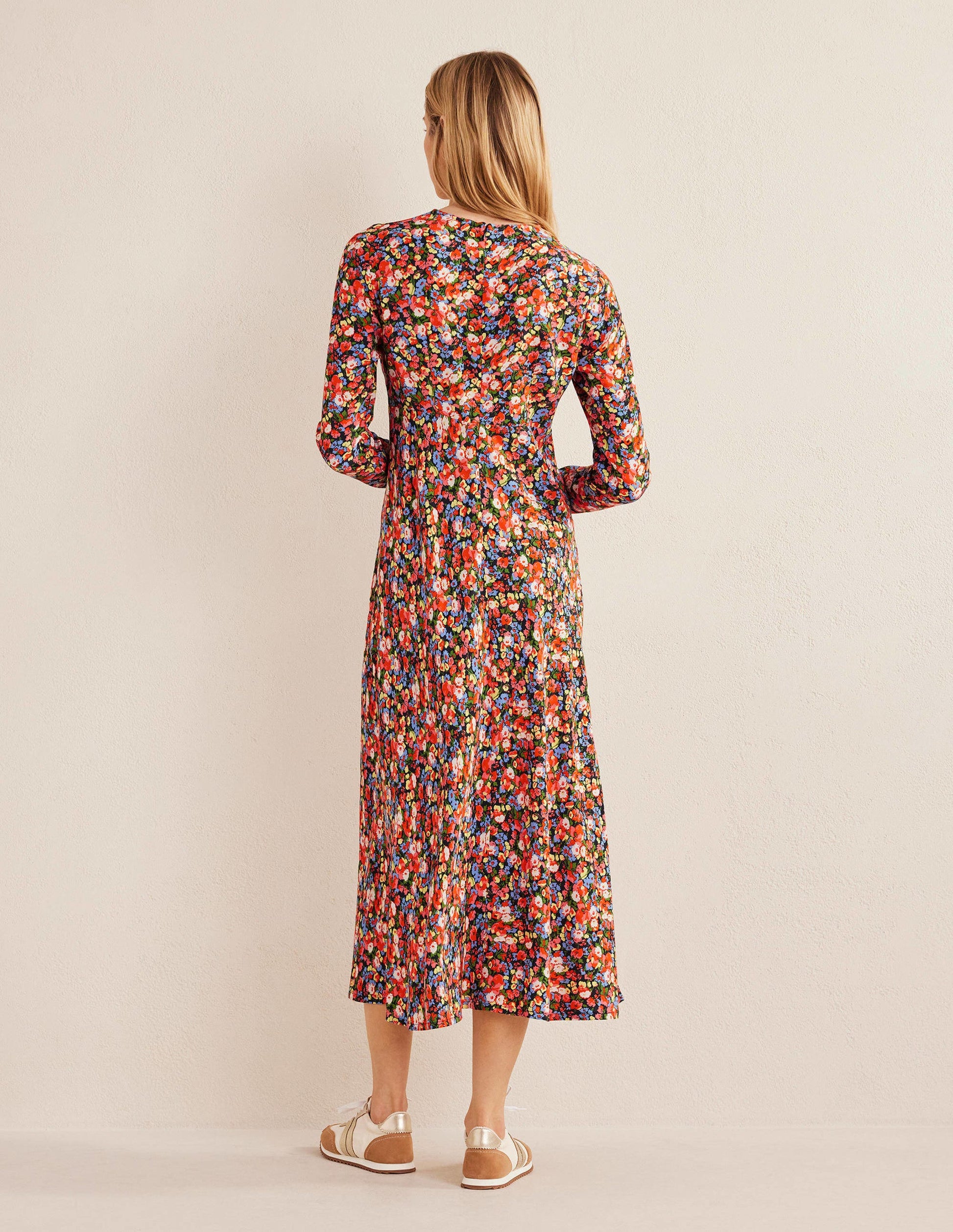 Robe midi style 40s à col rond-Multi, motif Peony Pop-3