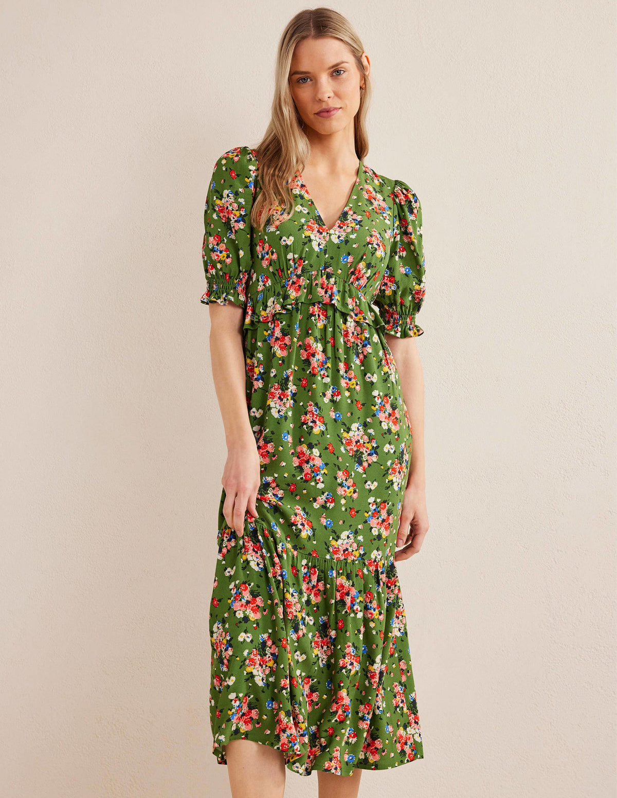 Midikleid mit Rüschen-Parkgrün, Wildblumen-1
