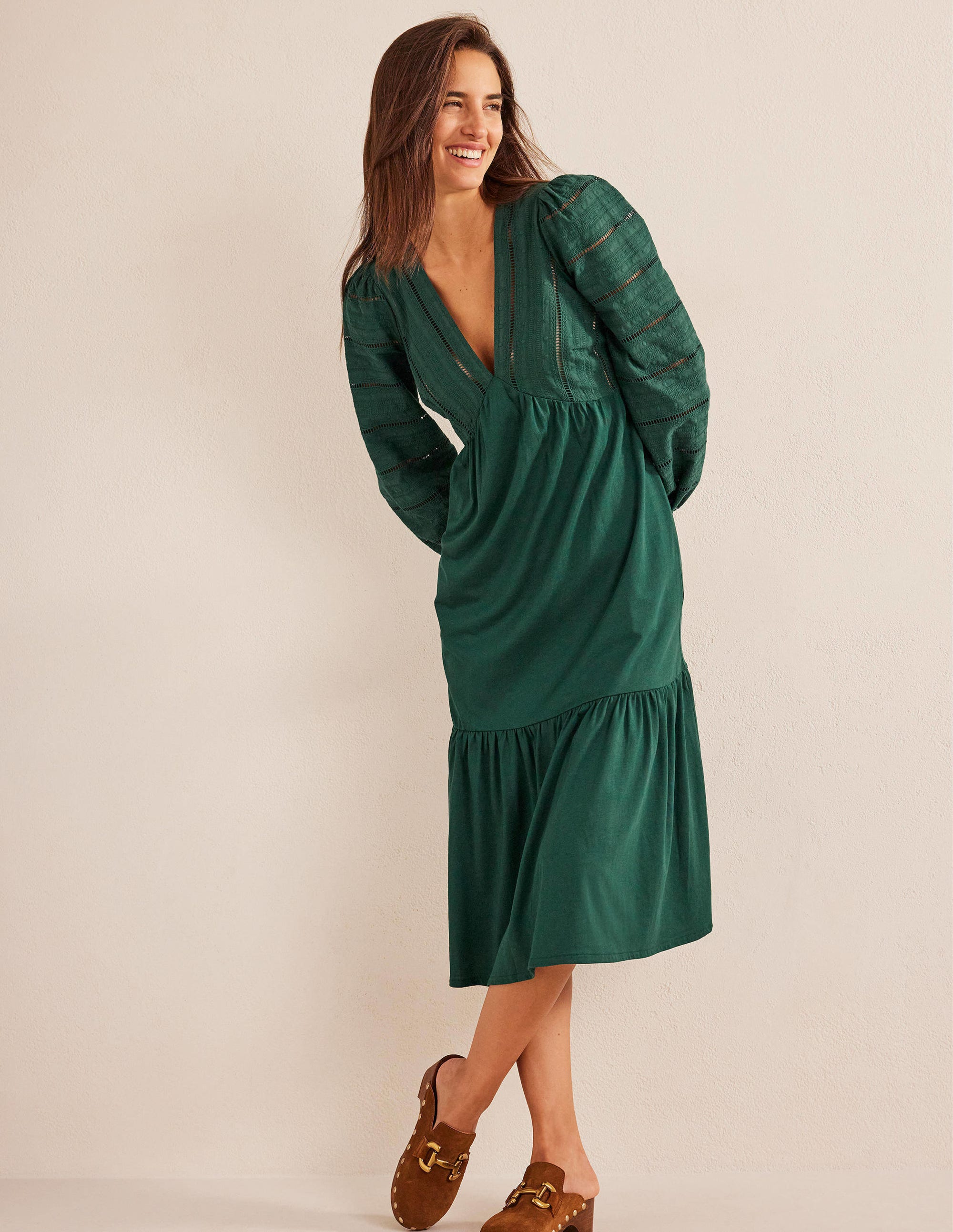 Midikleid aus einer Webmischung-Dunkles Smaragdgrün - Image 1