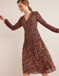 Robe midi plissée à col V-Multi, motif Gardenia Petal