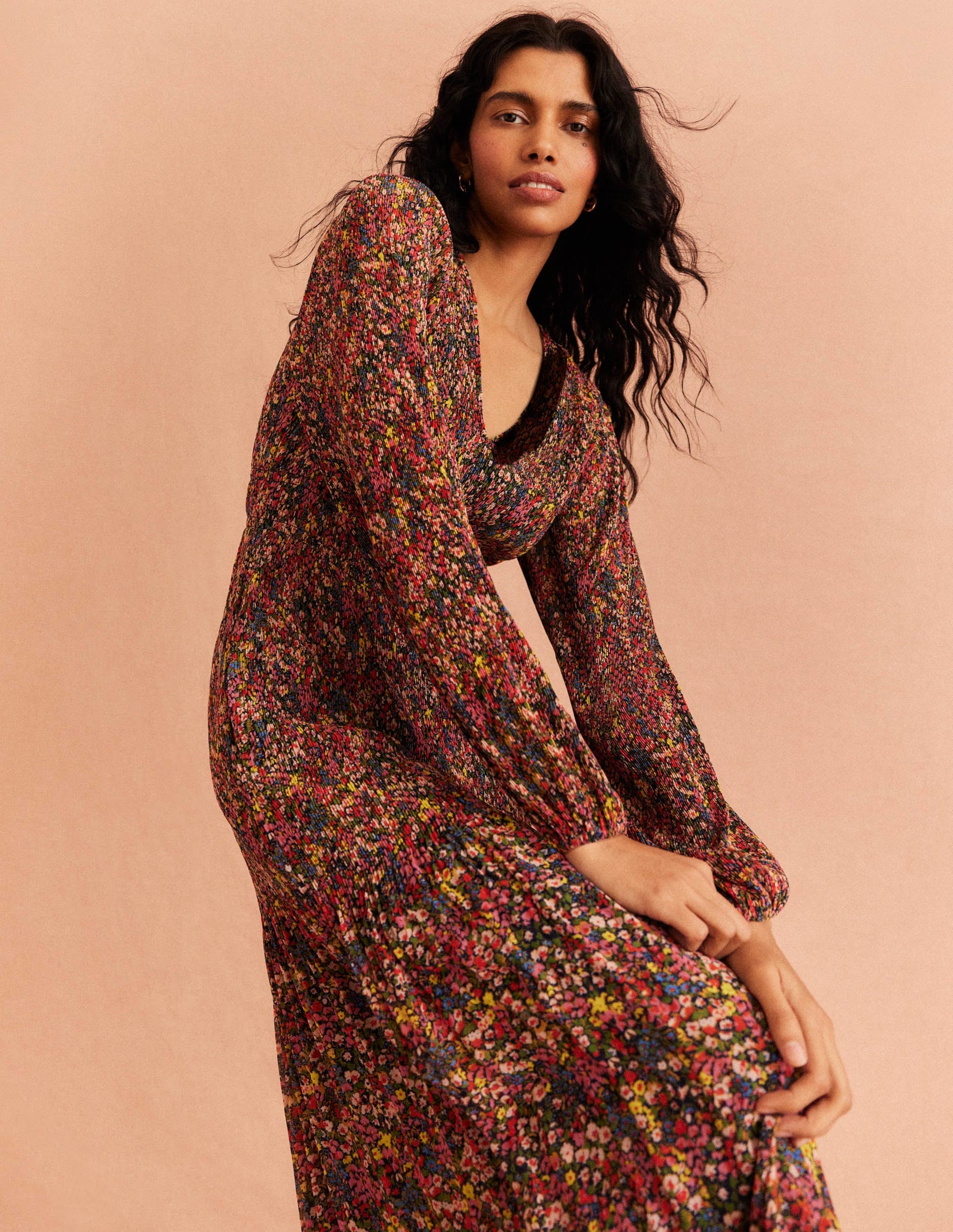 Robe midi plissée à col V-Multi, motif Gardenia Petal-3