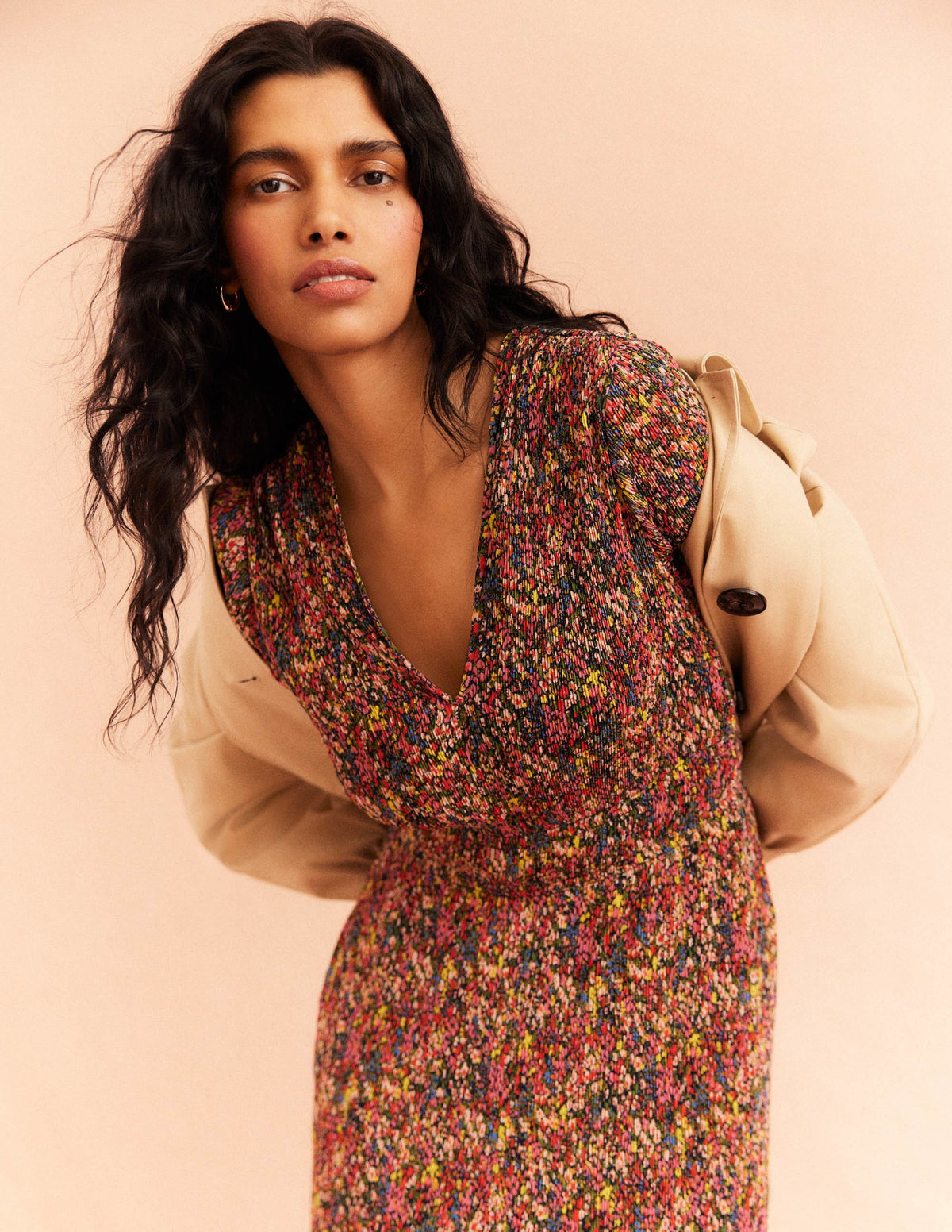Robe midi plissée à col V-Multi, motif Gardenia Petal-4