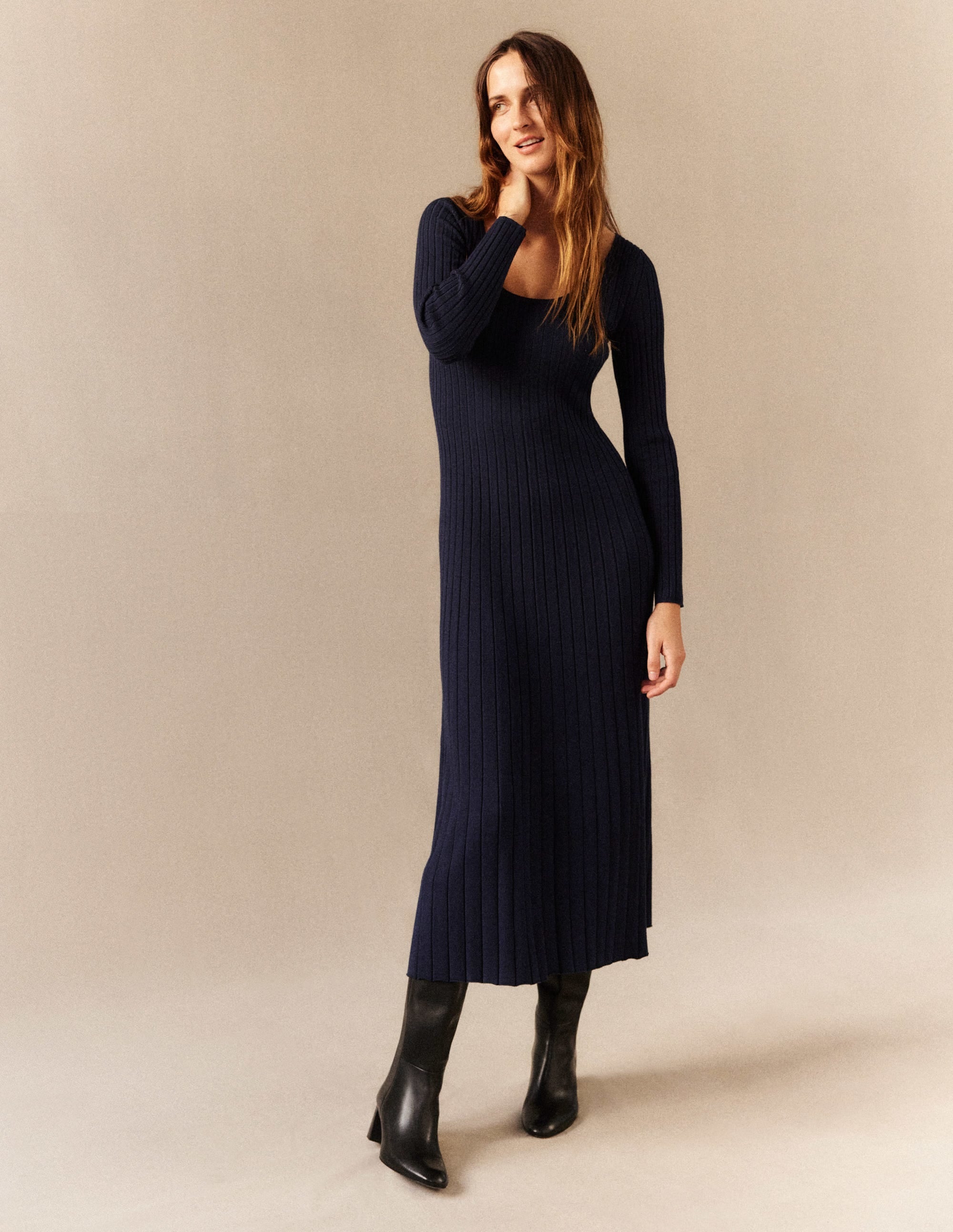 Rippstrickkleid mit Rundhalsausschnitt-Marineblau - Image 5