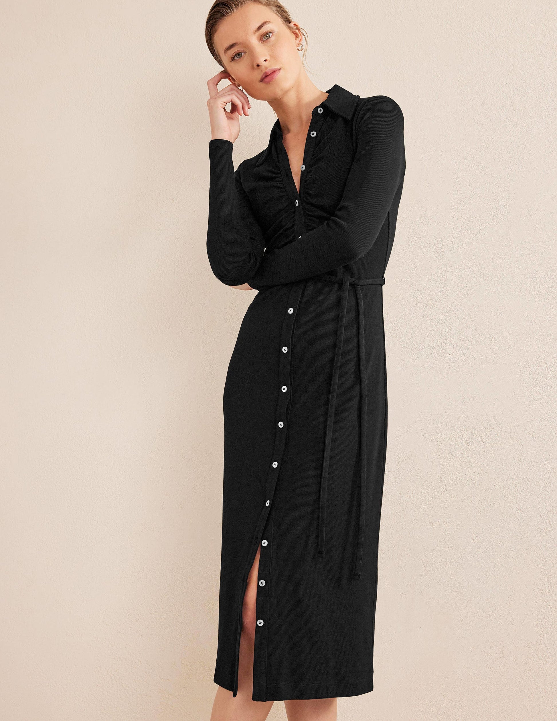 Geripptes Midi-Hemdblusenkleid aus Jersey-Schwarz-1