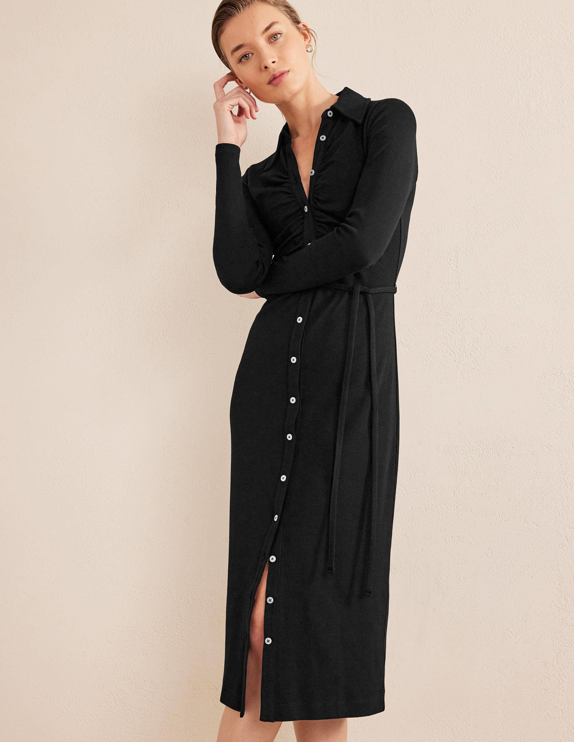 Geripptes Midi-Hemdblusenkleid aus Jersey-Schwarz - Image 1