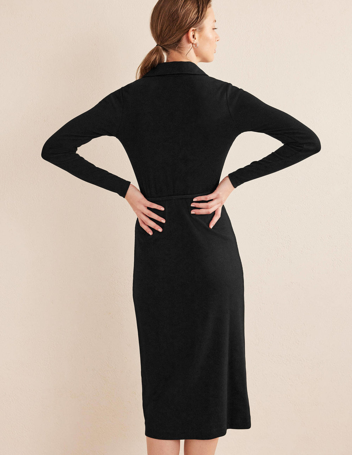 Geripptes Midi-Hemdblusenkleid aus Jersey-Schwarz-3
